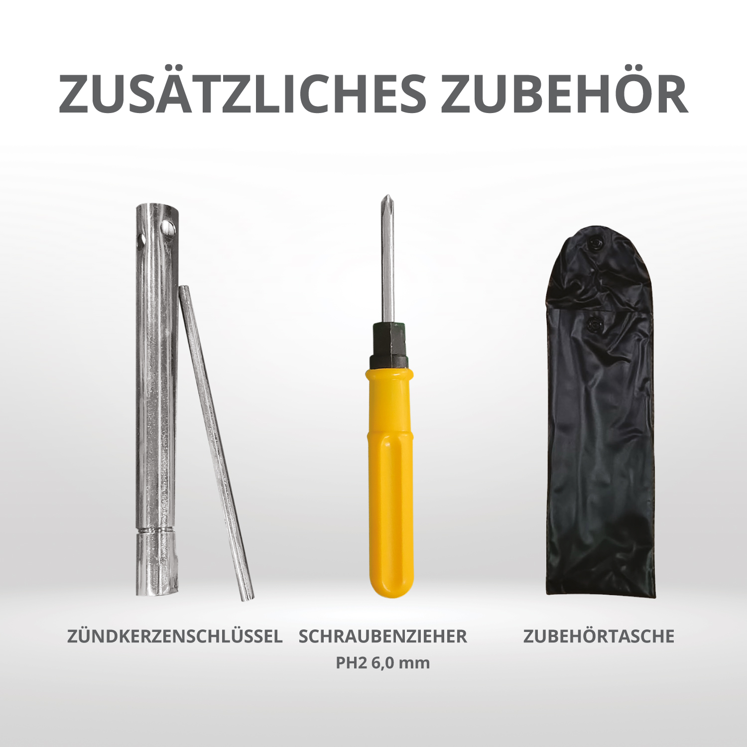 Spark plug wrench, screwdriver, and a black accessory bag on a white background.