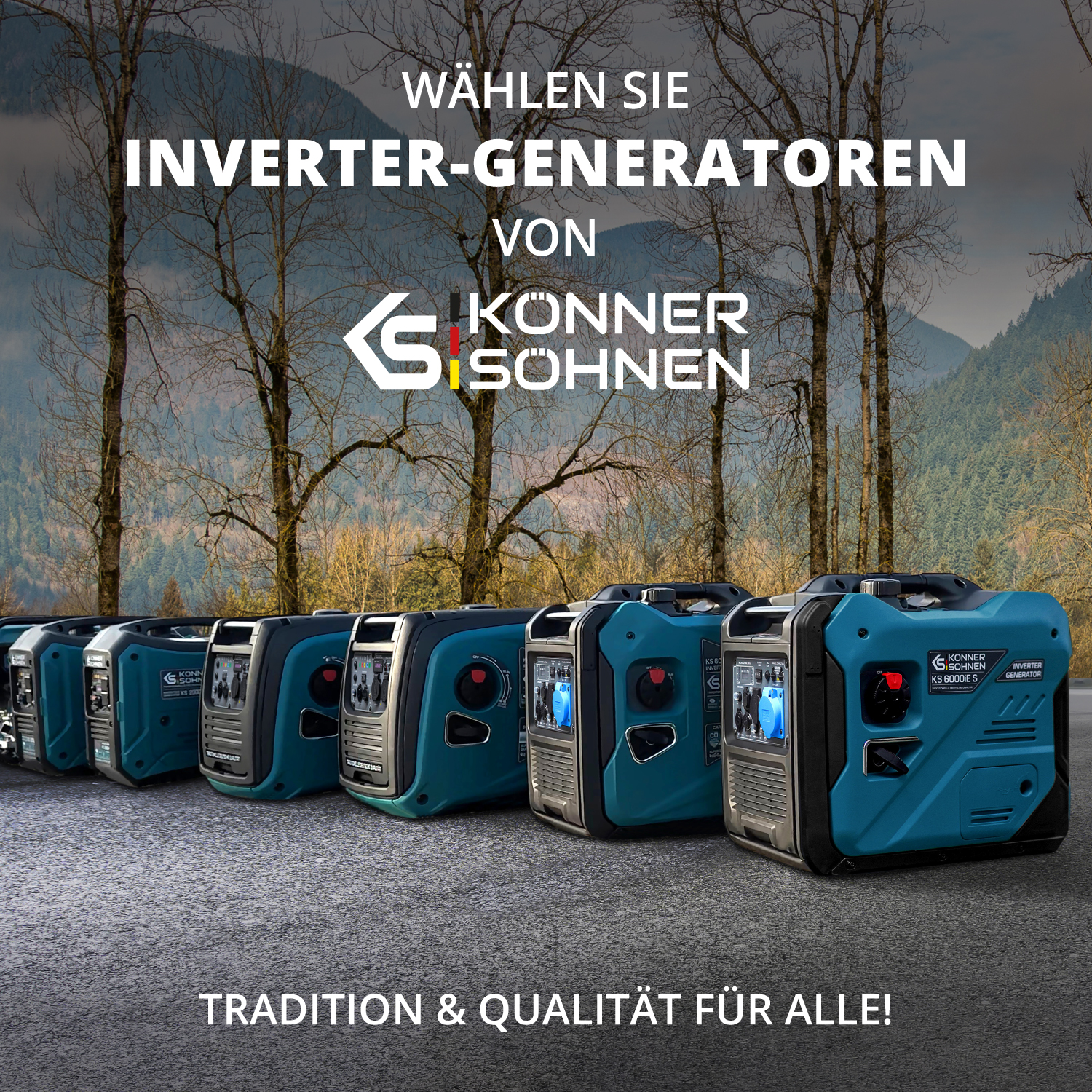 Mehrere türkisblaue Invertergeneratoren im Freien, mit Text über Qualität.