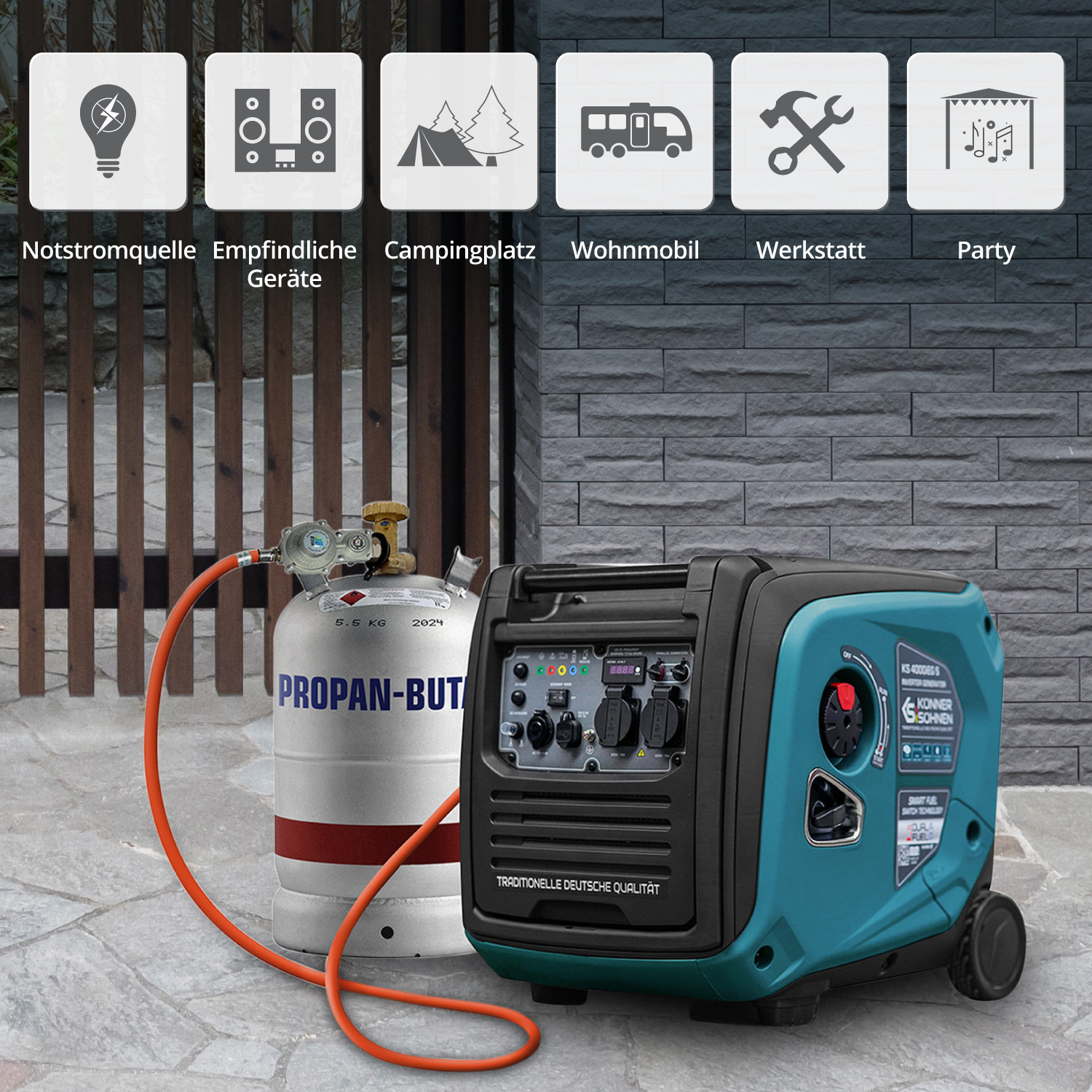 Generator naast een propaantank en slang. Pictogrammen voor gebruiksscenario's worden getoond.