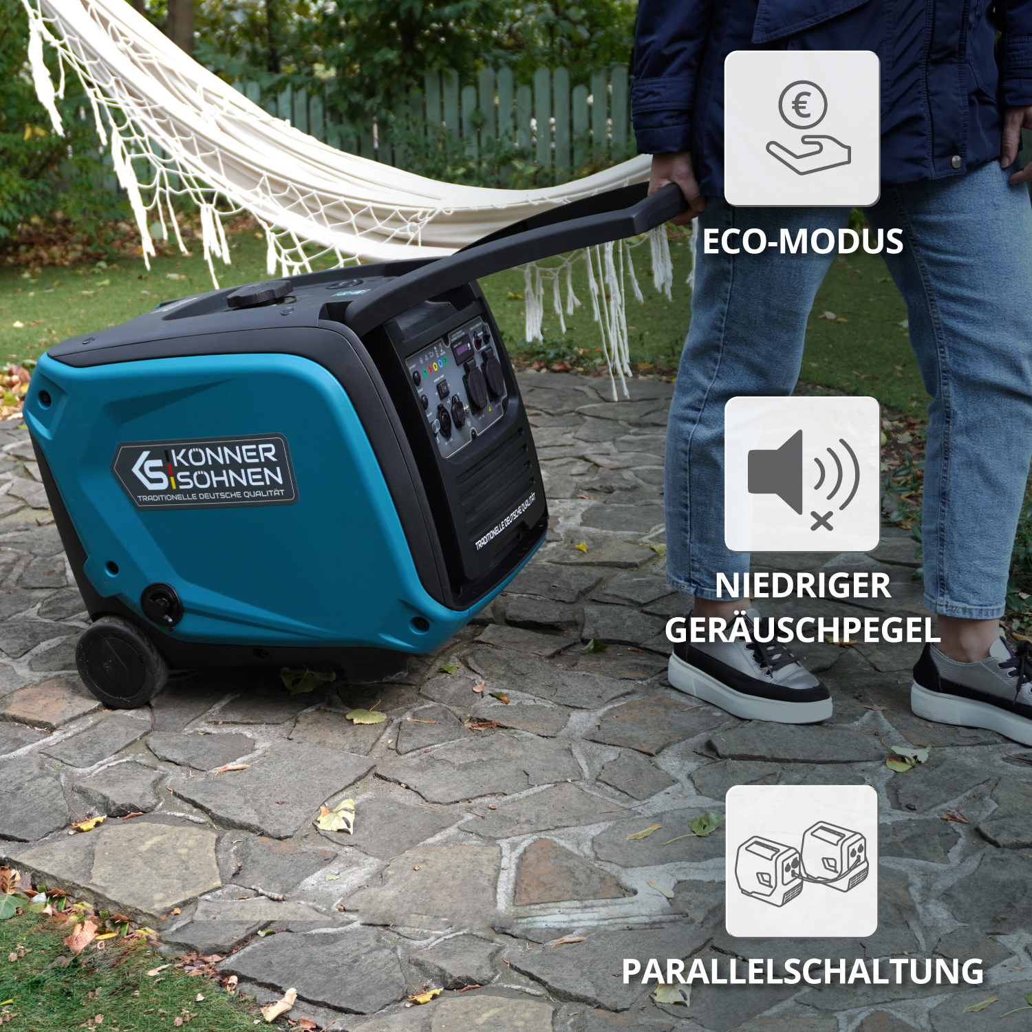 Generator pchnięty za pomocą uchwytu. Posiada ikony trybu eco, niskiego poziomu hałasu, równoległego.