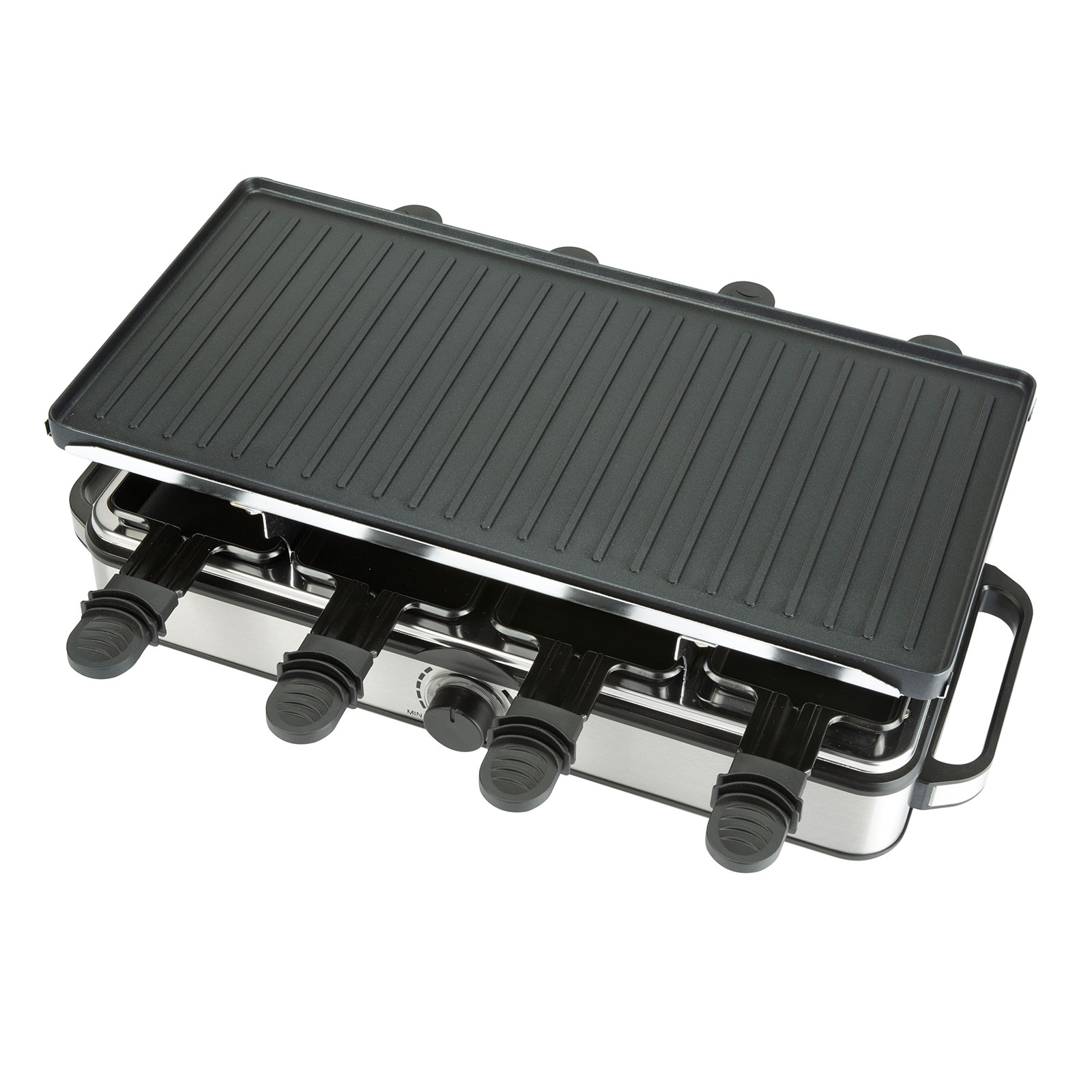 Ein schwarzer Raclette-Grill mit einstellbaren Temperaturreglern.