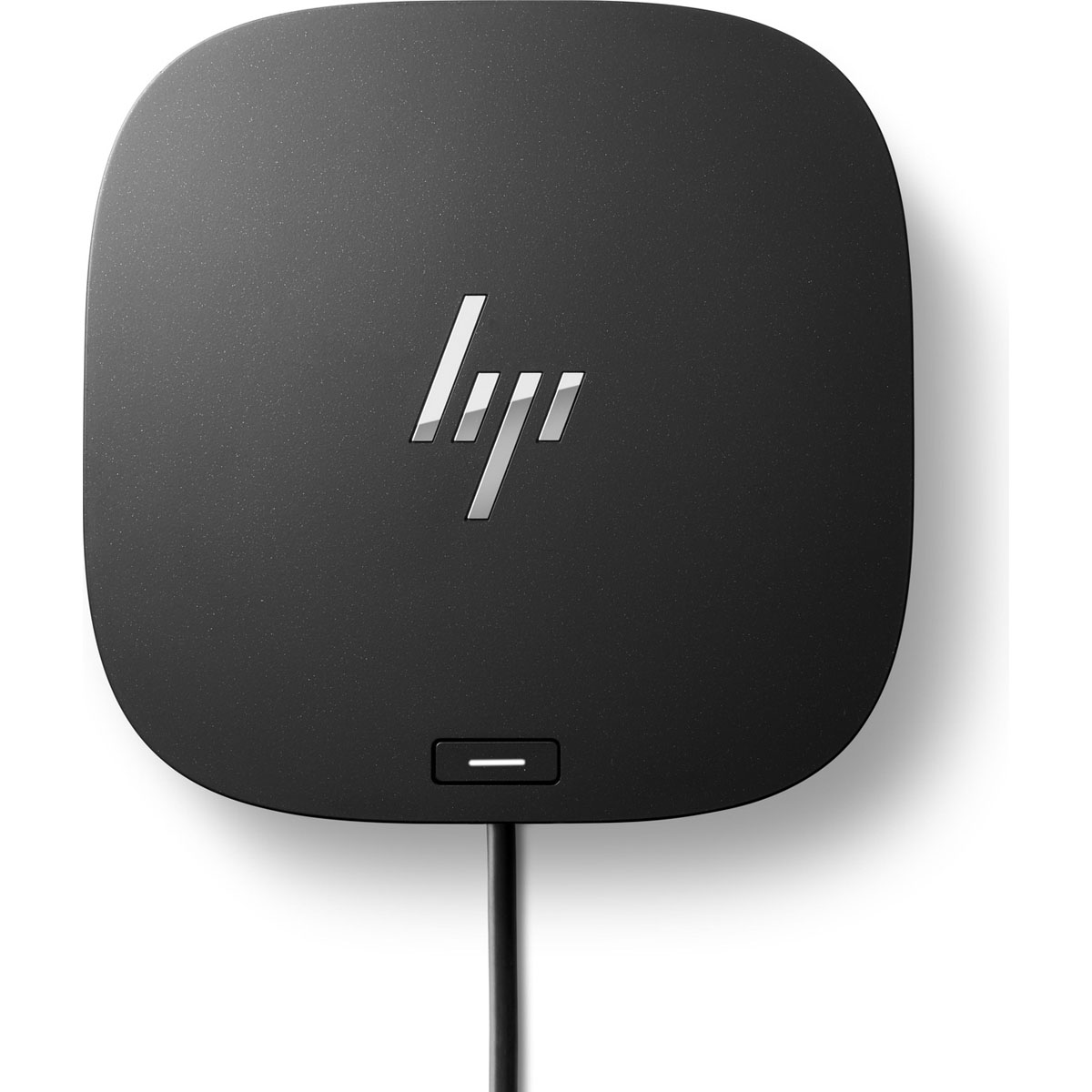 Schwarzes, abgerundetes quadratisches Gerät mit HP-Logo und Netzkabel, vor weißem Hintergrund.