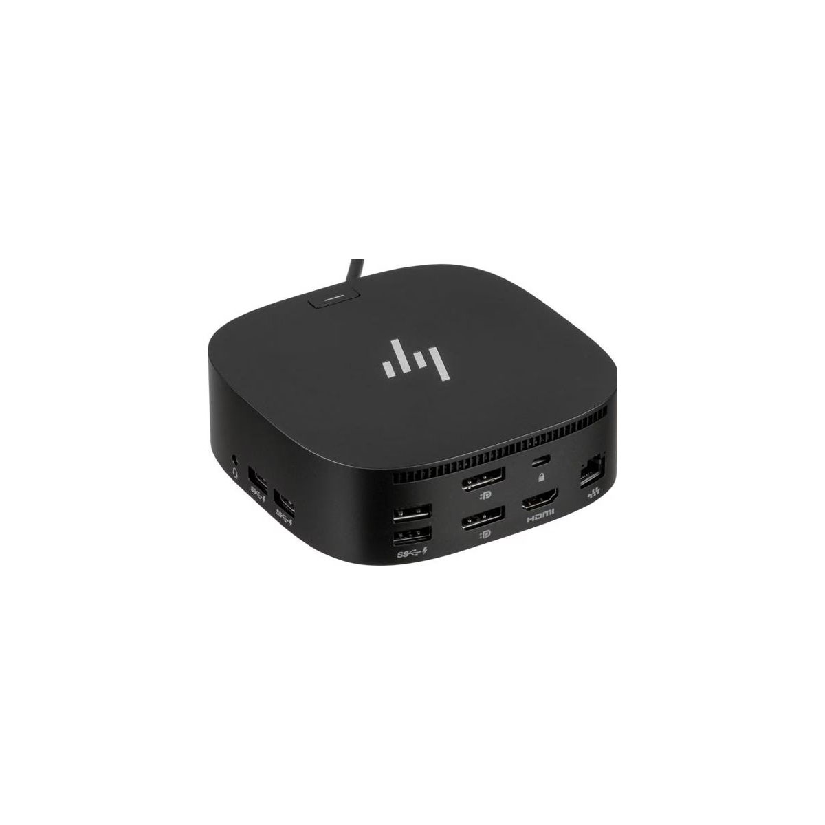 Schwarze HP-Dockingstation mit mehreren Anschlüssen. Auf weißer Oberfläche.
