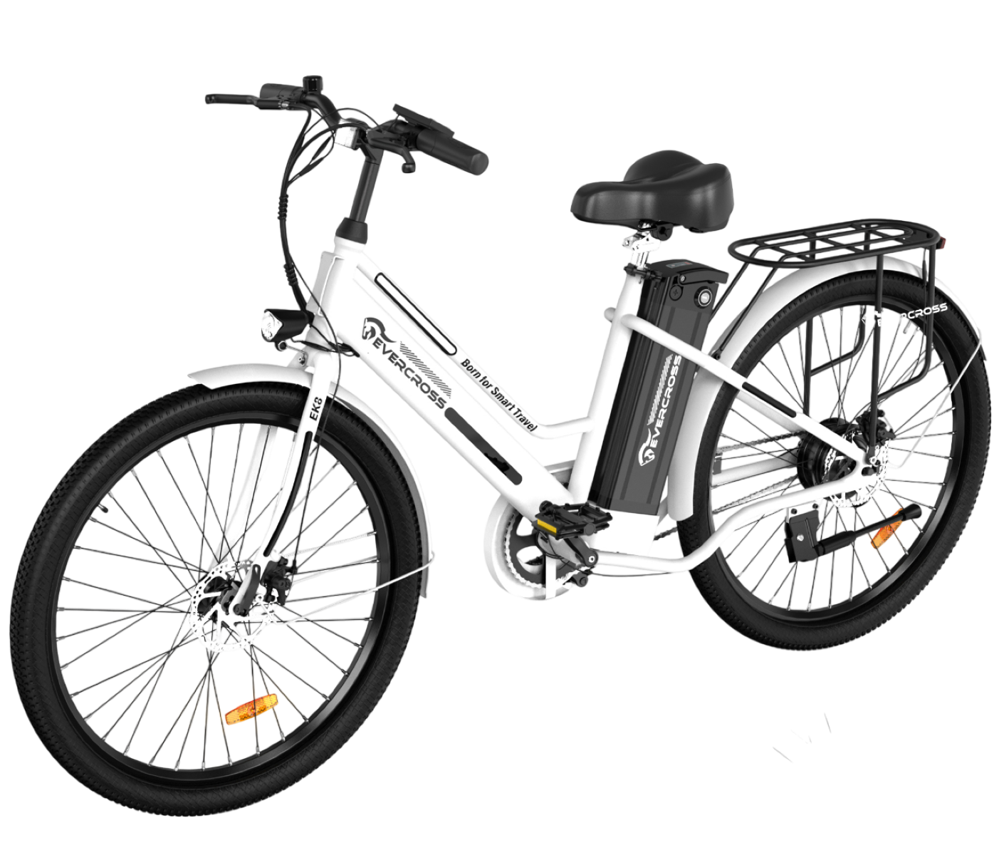 Weißes Elektrofahrrad mit schwarzen Reifen und einem Gepäckträger.