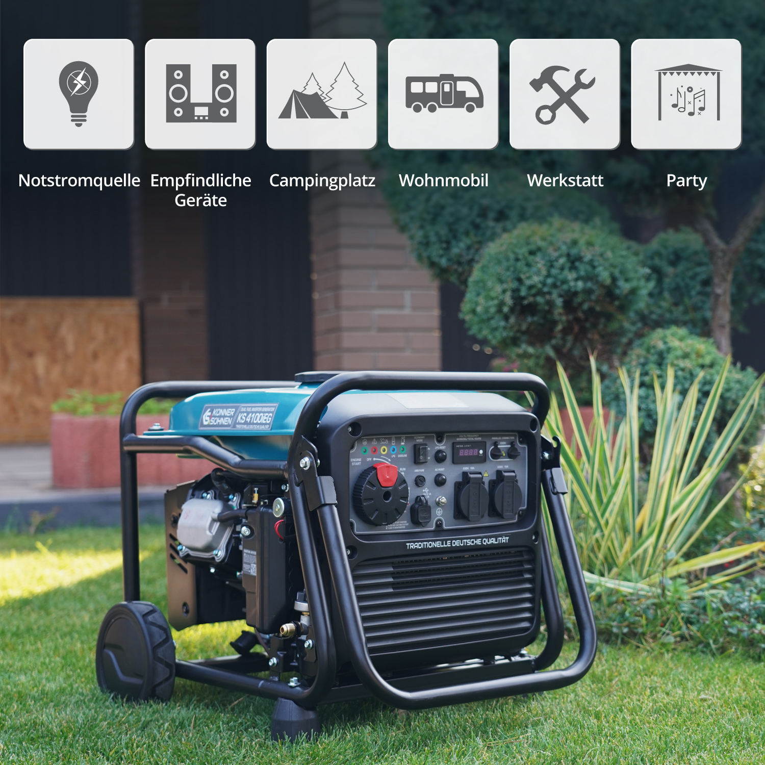 Generator mit Symbolen für verschiedene Anwendungen, vor weißem Hintergrund.