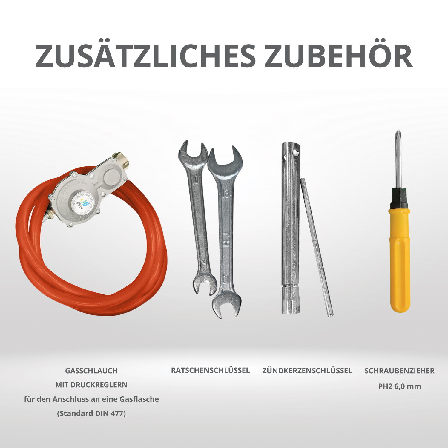 Verschiedene Werkzeuge, darunter ein Gasschlauch, Schraubenschlüssel und ein Schraubendreher.
