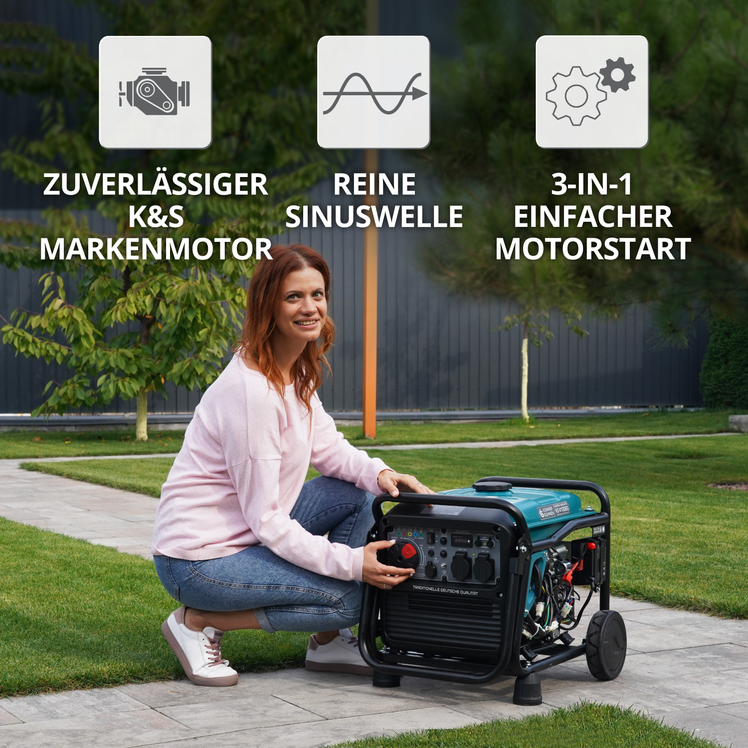 Mujer arrancando un generador en un jardín. Textos: motor fiable, onda senoidal pura, arranque fácil.