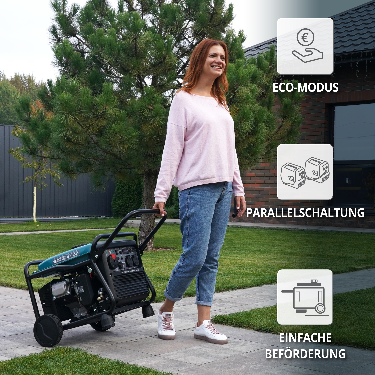 Mujer tirando de un generador. Iconos de modo eco, conexión en paralelo y transporte fácil.