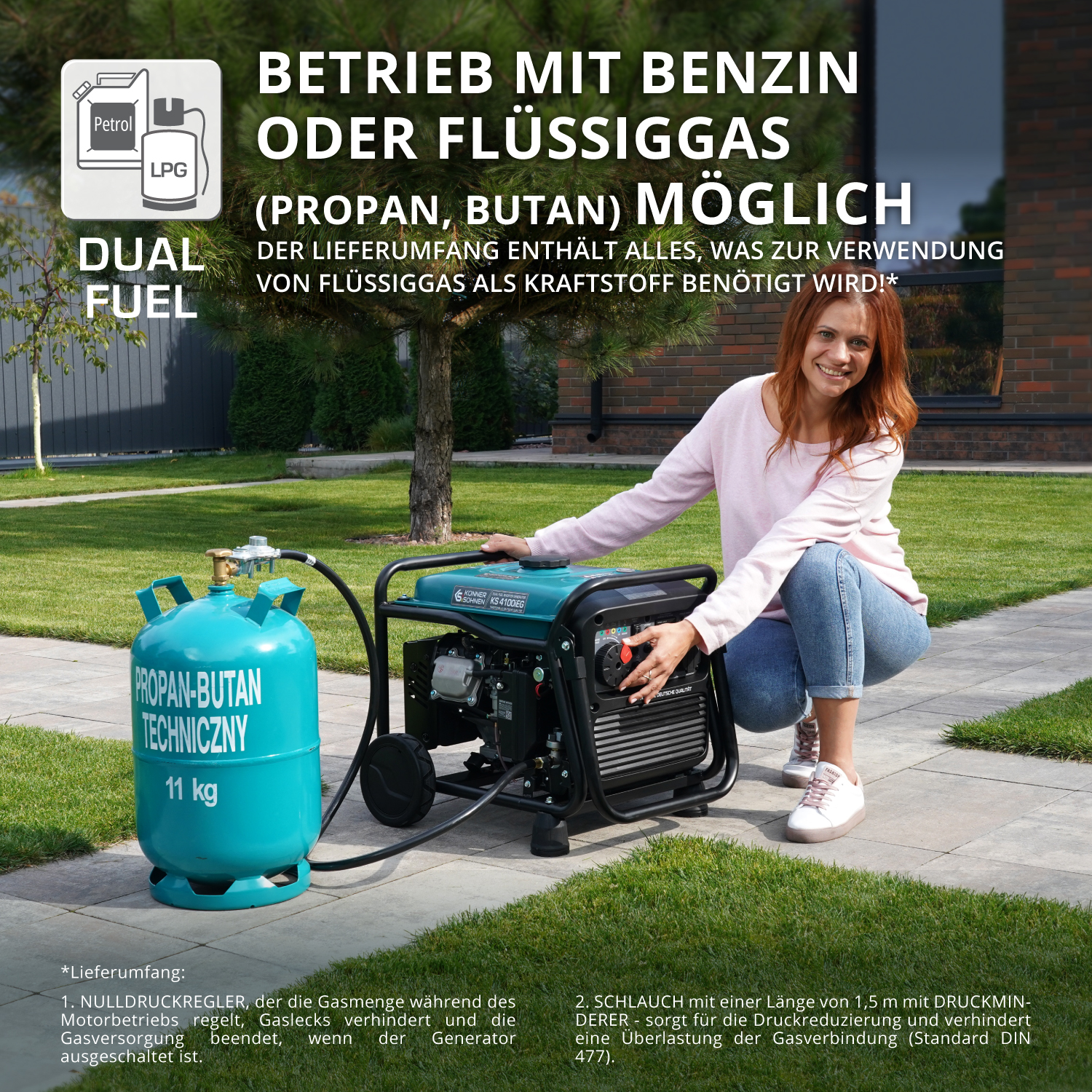 Mujer cerca de un generador con tanque de gas. El texto dice combustible dual, propano, butano. Césped verde y árbol detrás.