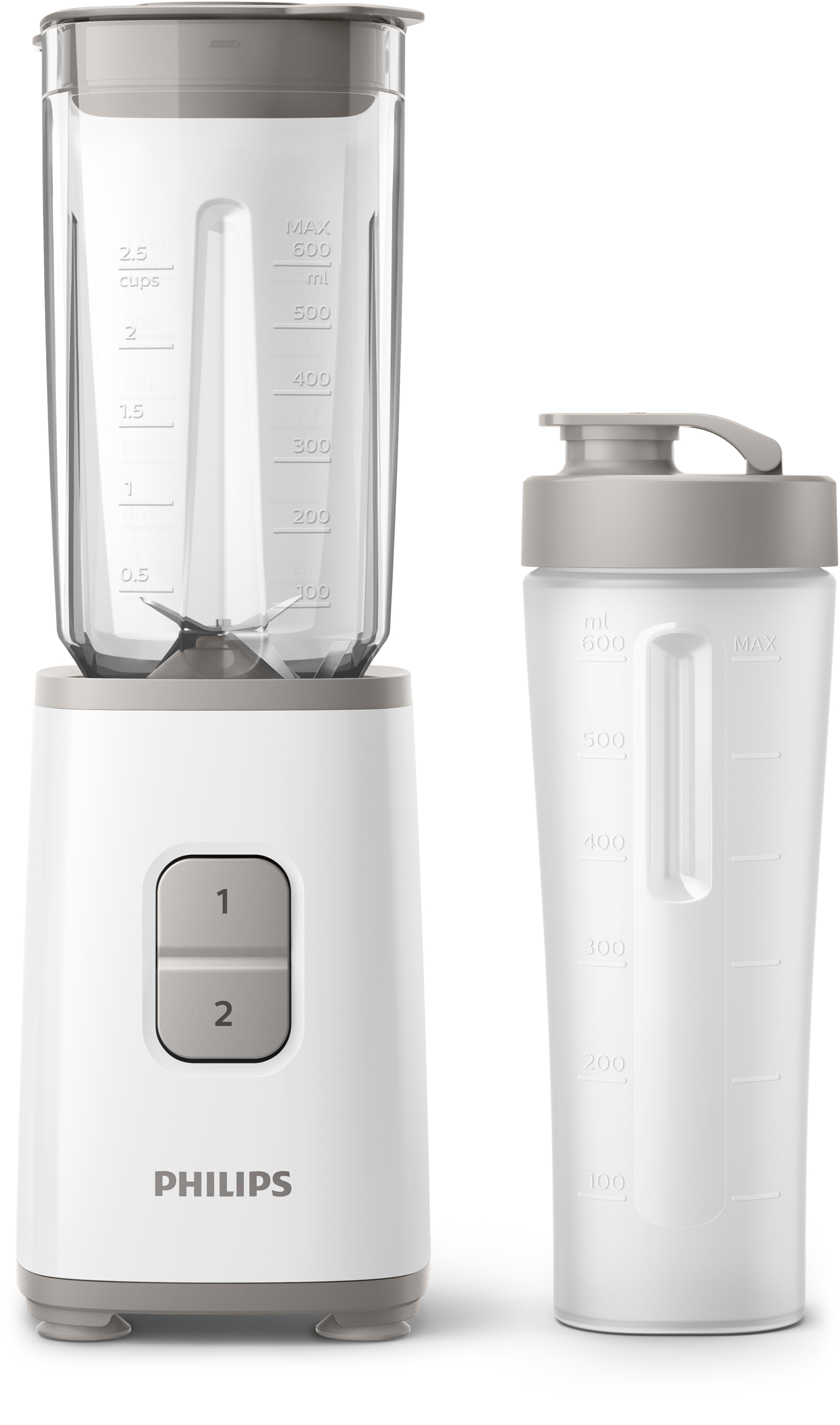 Biały i szary blender Philips i kubek do shakera, miarki i przyciski, na białym tle.