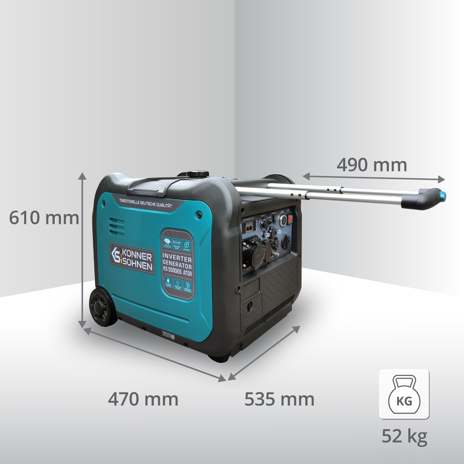 Ein türkisfarbener Generator mit Abmessungen und Gewichtsangaben. Weißer Hintergrund.