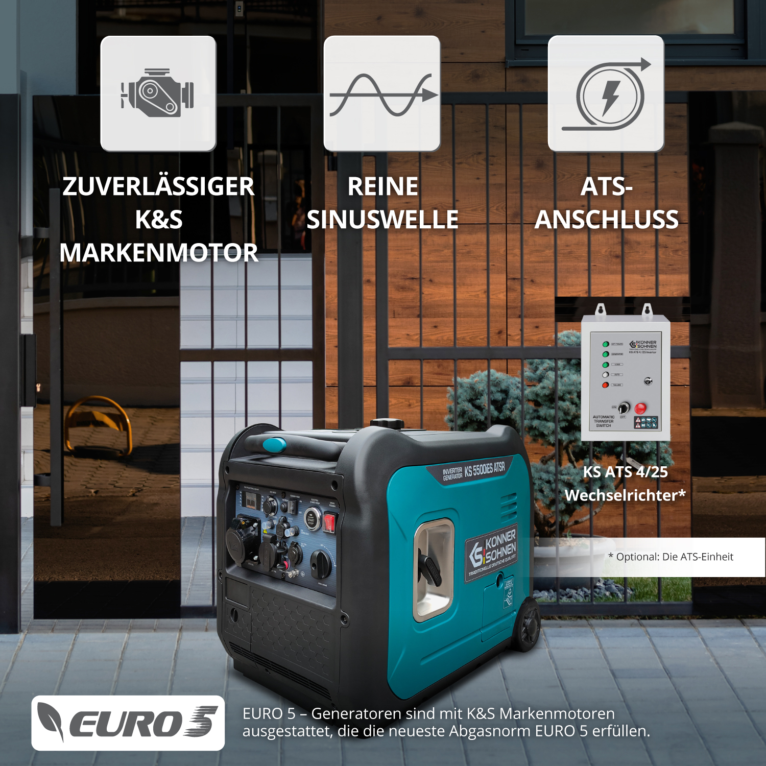 Ein türkis-schwarzer Generator mit Etiketten, dargestellt in einem Garten mit Zaun und Haus.