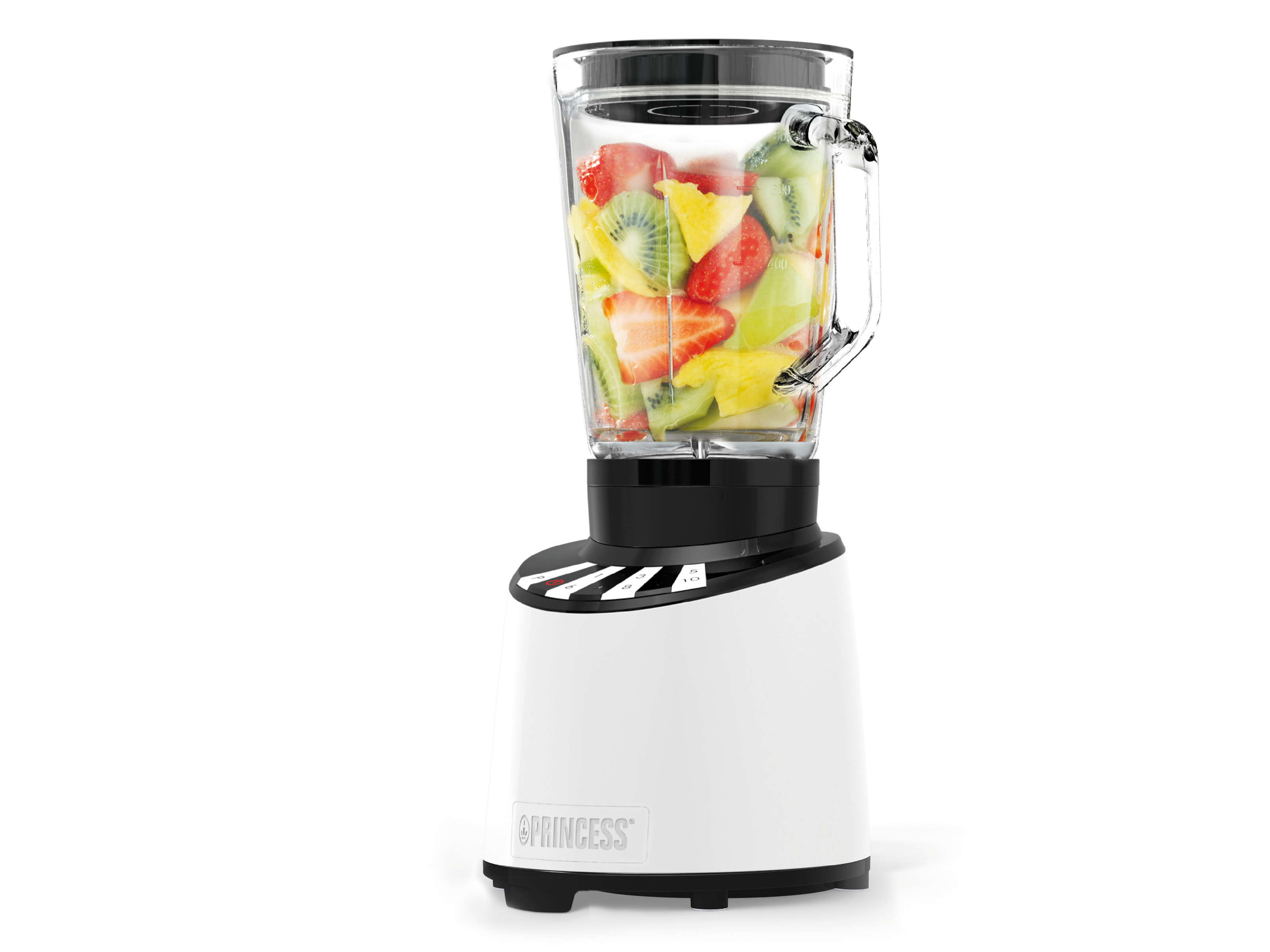 Un frullatore bianco con frutta all'interno del contenitore.