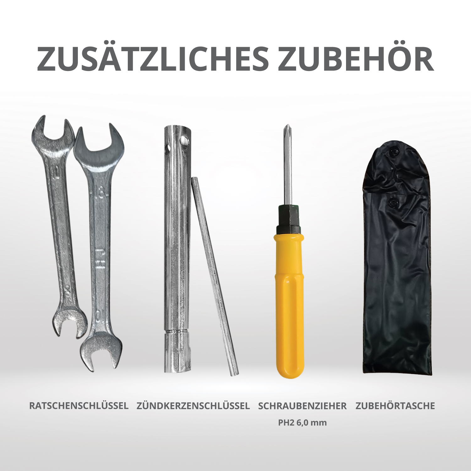 Handgereedschap waaronder sleutels, schroevendraaier en een zwart zakje op witte achtergrond.