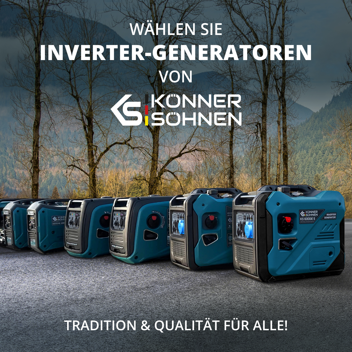 Meerdere generatoren met turquoise en zwarte kleuren, buiten opgesteld voor een bosrijke achtergrond.