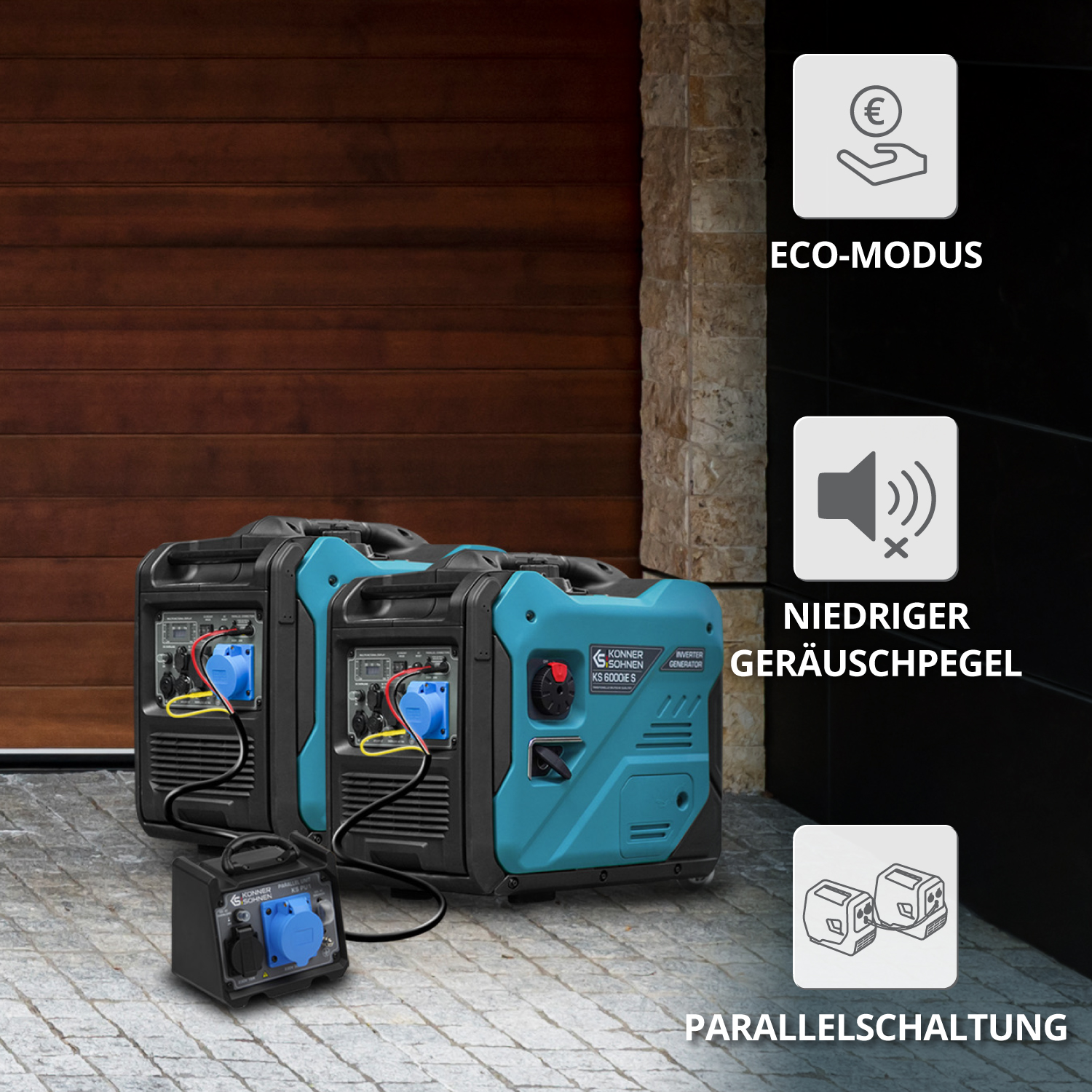 Dwa niebieskie i turkusowe generatory, ikony z tekstem, tryb ECO, Niższy poziom hałasu, Połączenie równoległe.