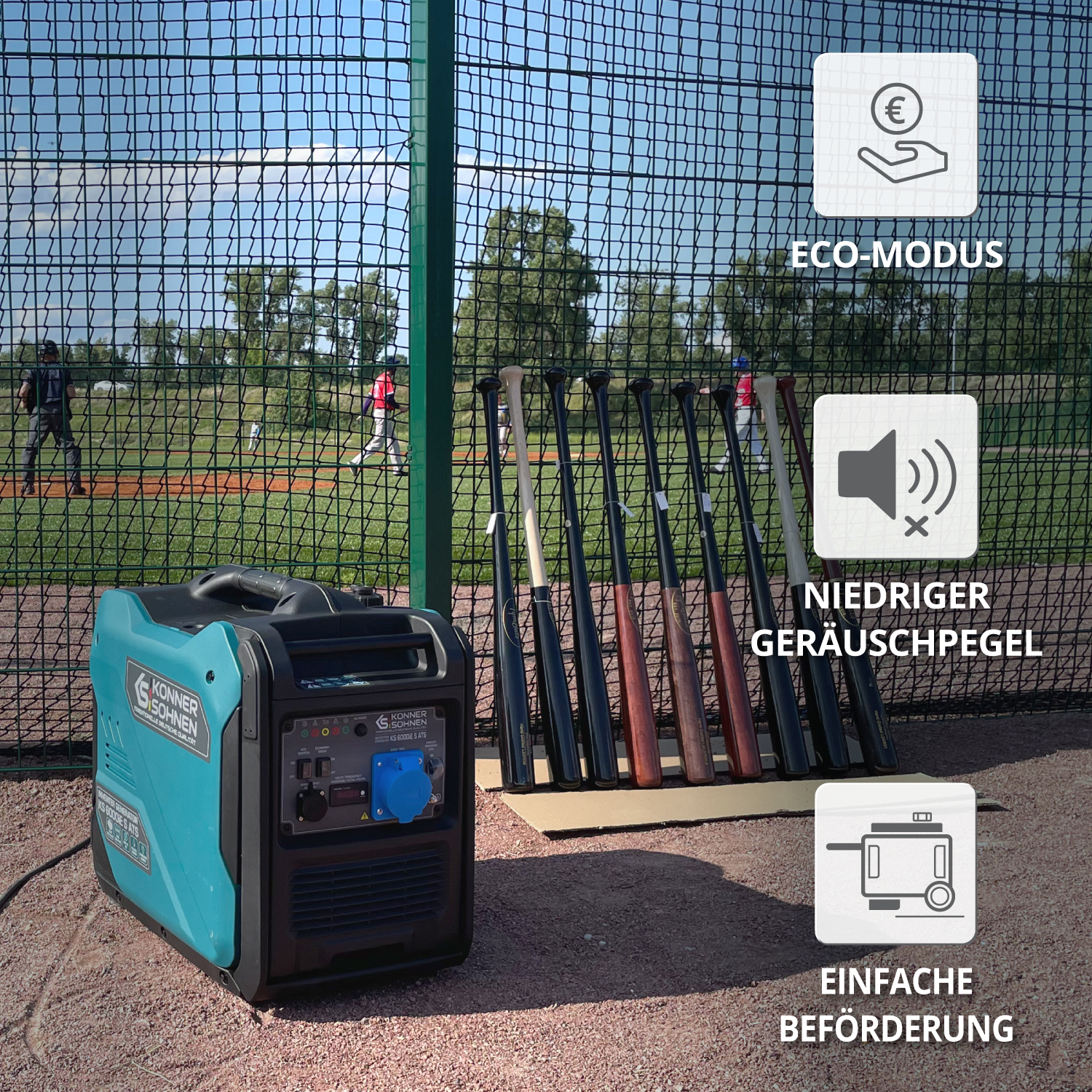 Un generador turquesa con texto e iconos. Campo de béisbol en el fondo.