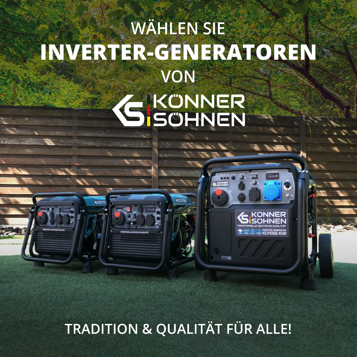Three black generators on grass, and a text promoting inverter generators by Konner & Sohnen.