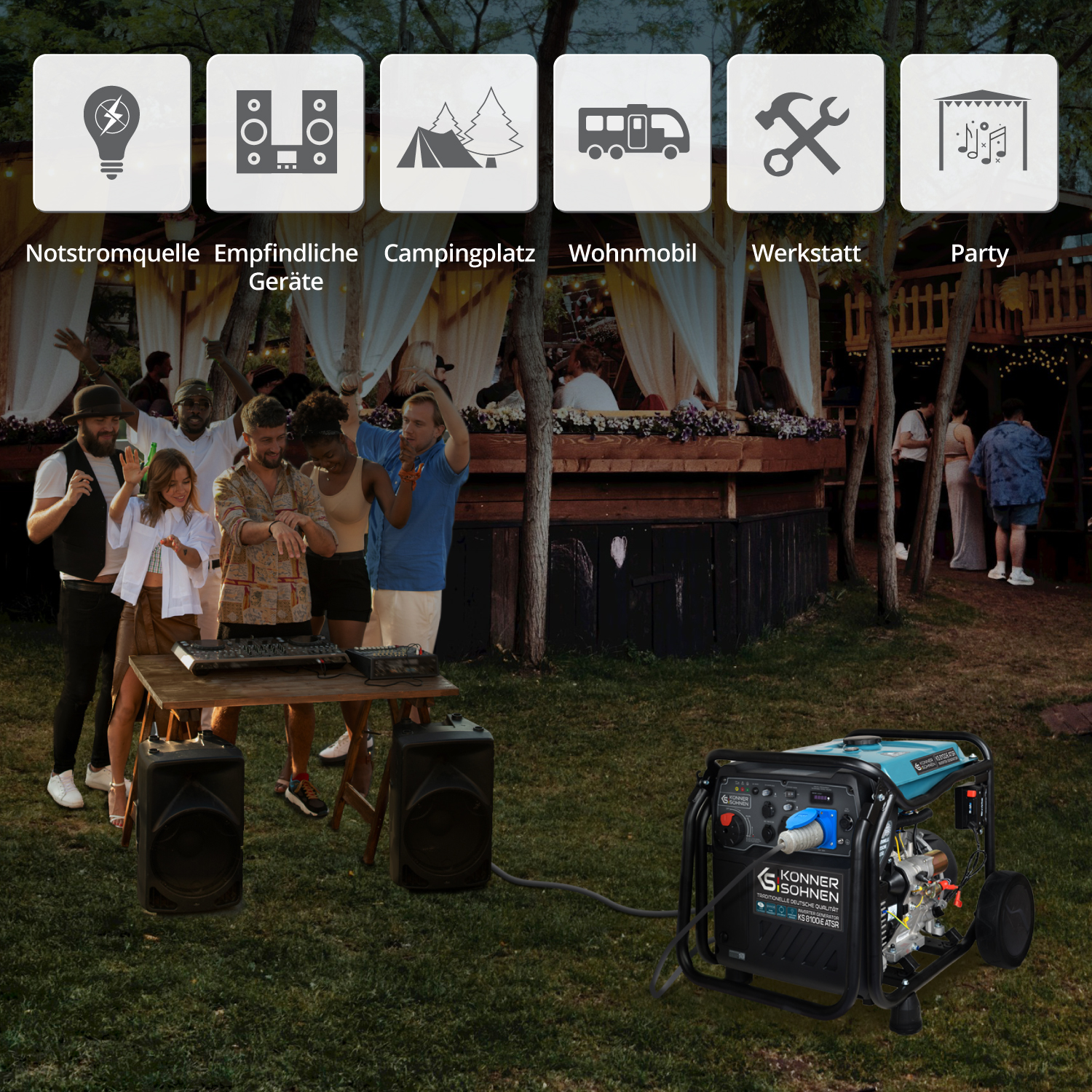 Ludzie tańczą. Generator po prawej. Ikony imprezy, domu i innych.