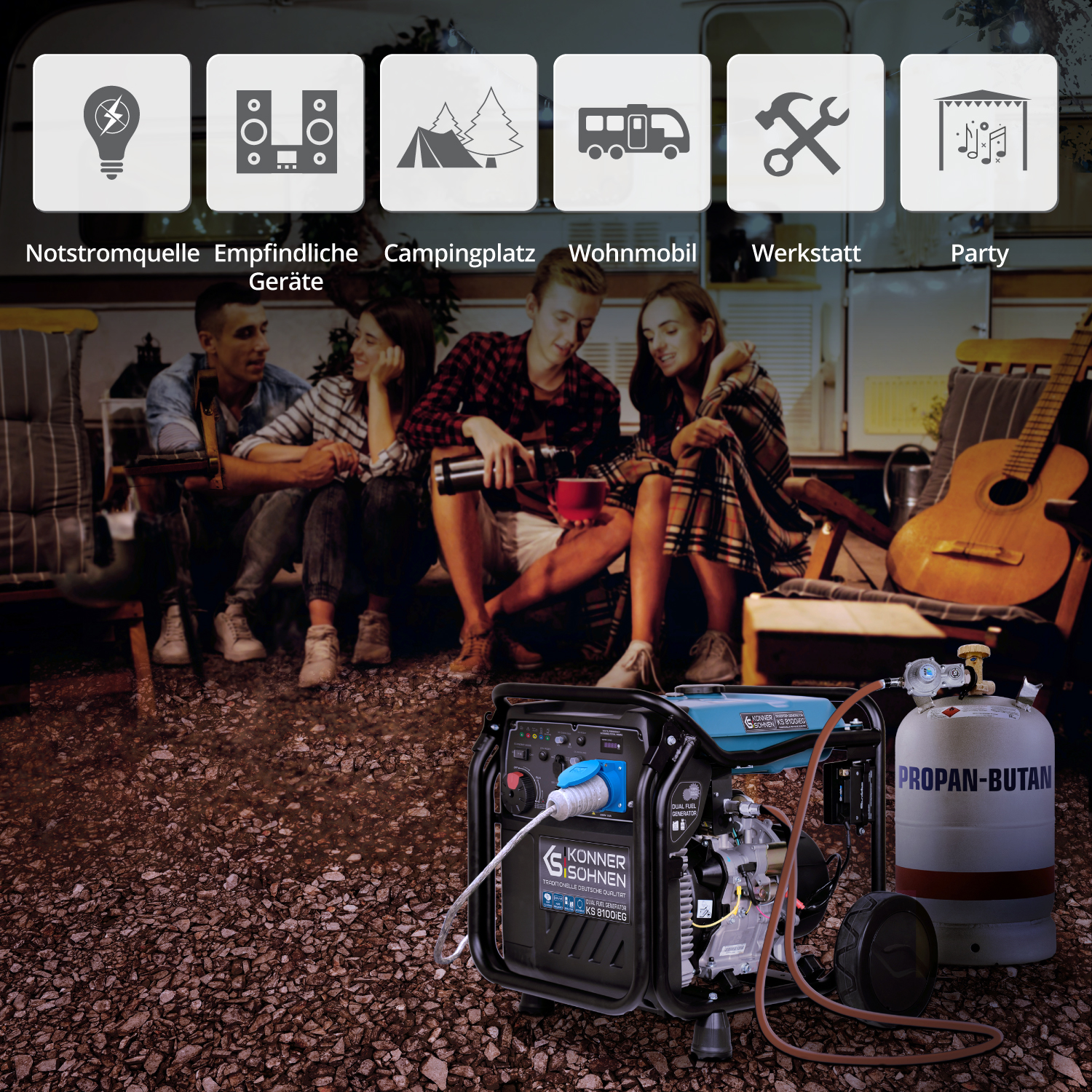 Four people enjoying the outdoors near a generator, with a propane tank and camping equipment.