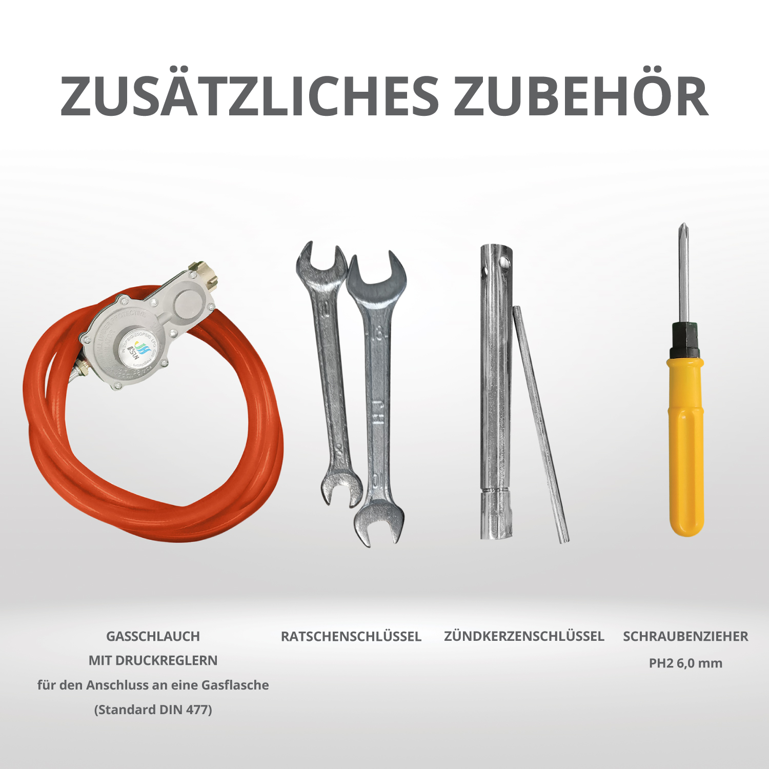 A collection of tools, including wrenches, a screwdriver, and a gas hose.