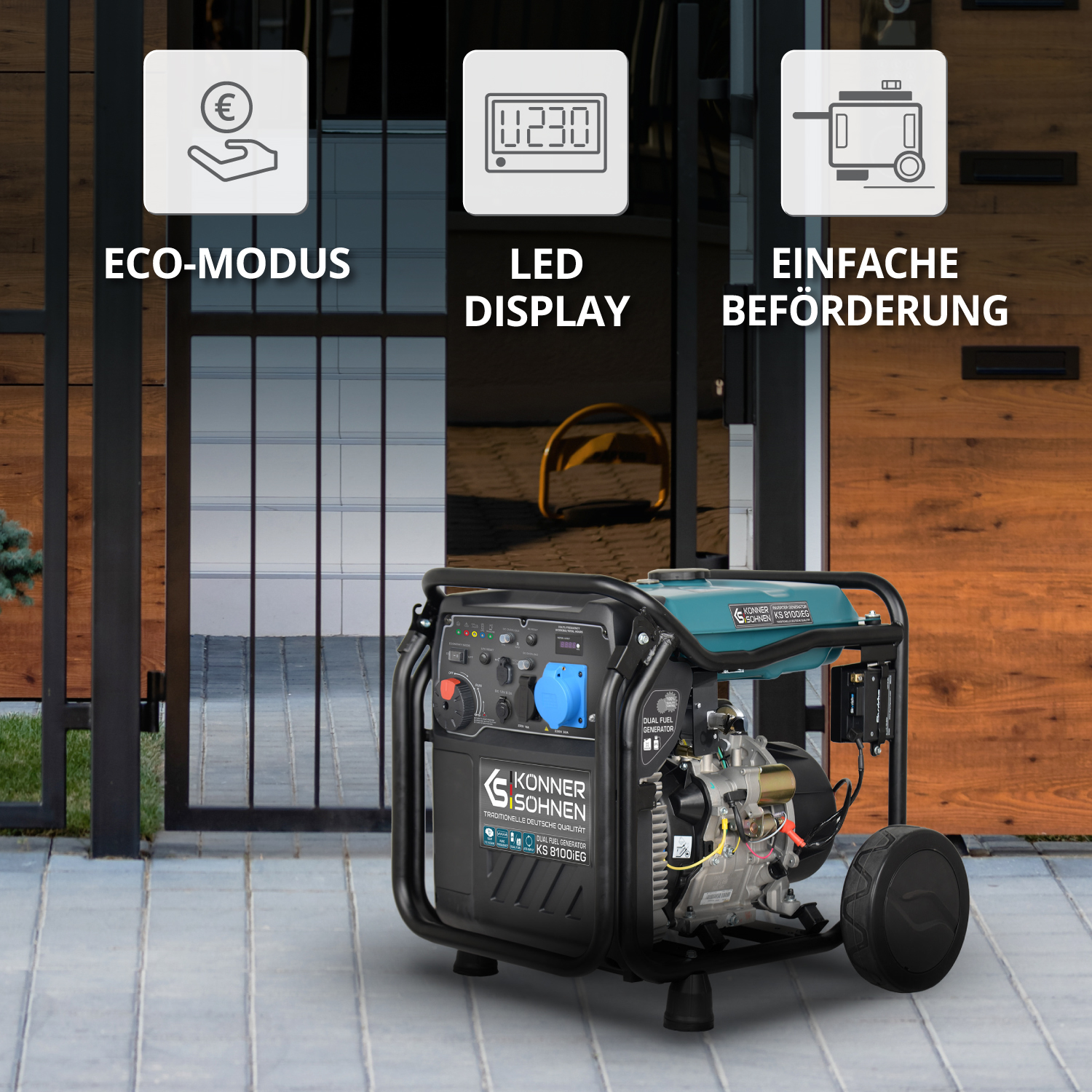 Generator z etykietami: tryb Eco, wyświetlacz LED, łatwy transport.