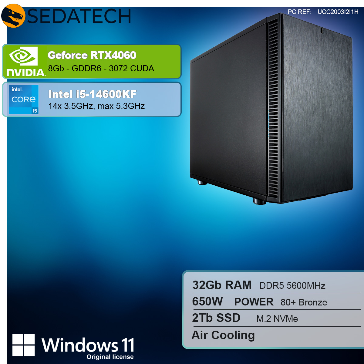 Schwarzer Computerturm mit Spezifikationen links: Nvidia GeForce RTX 4060, Intel i5-14600KF, 32GB RAM, 2TB SSD.