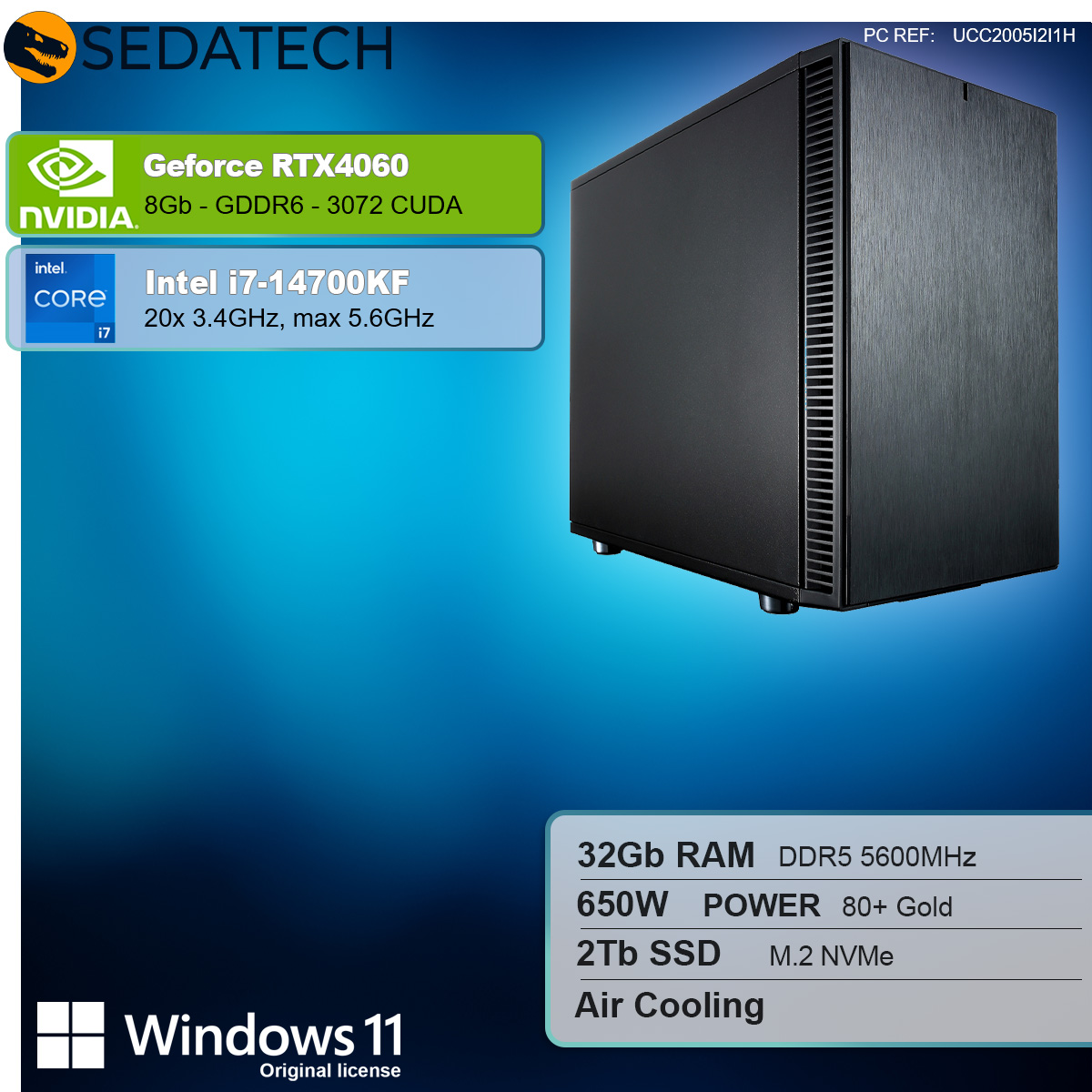 Czarna obudowa PC z logo Nvidia i Intel. Specyfikacje: RTX4060, i7-14700KF, 32GB RAM i 2TB SSD.