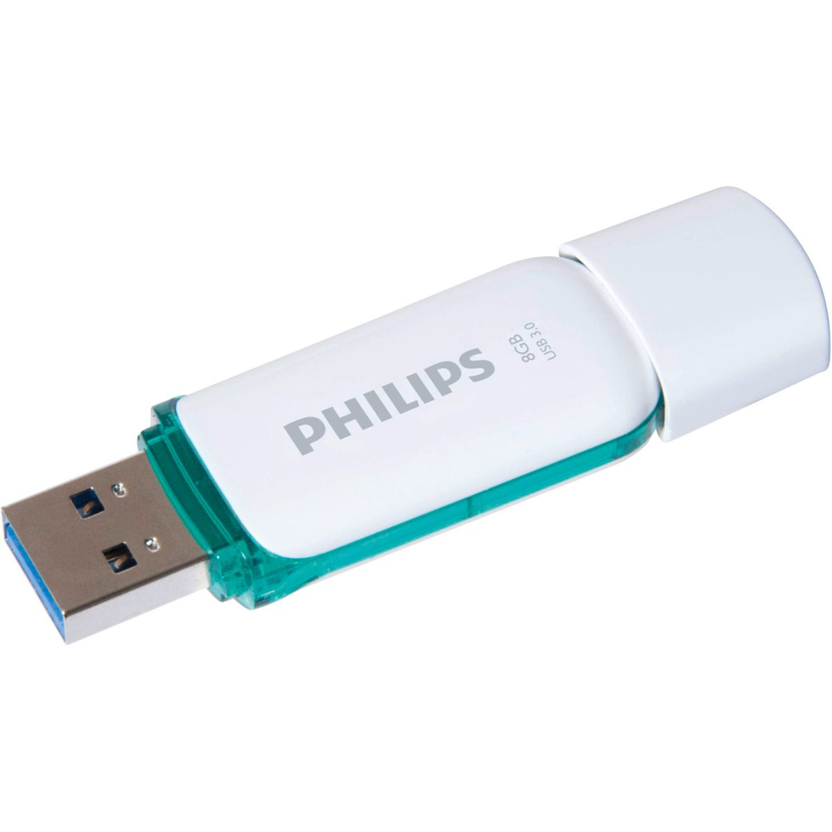 Biały pendrive USB 3.0 Philips z turkusowym akcentem.
