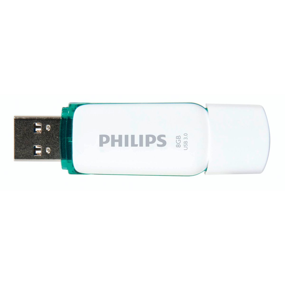 Biało-zielony pendrive USB na białym tle.