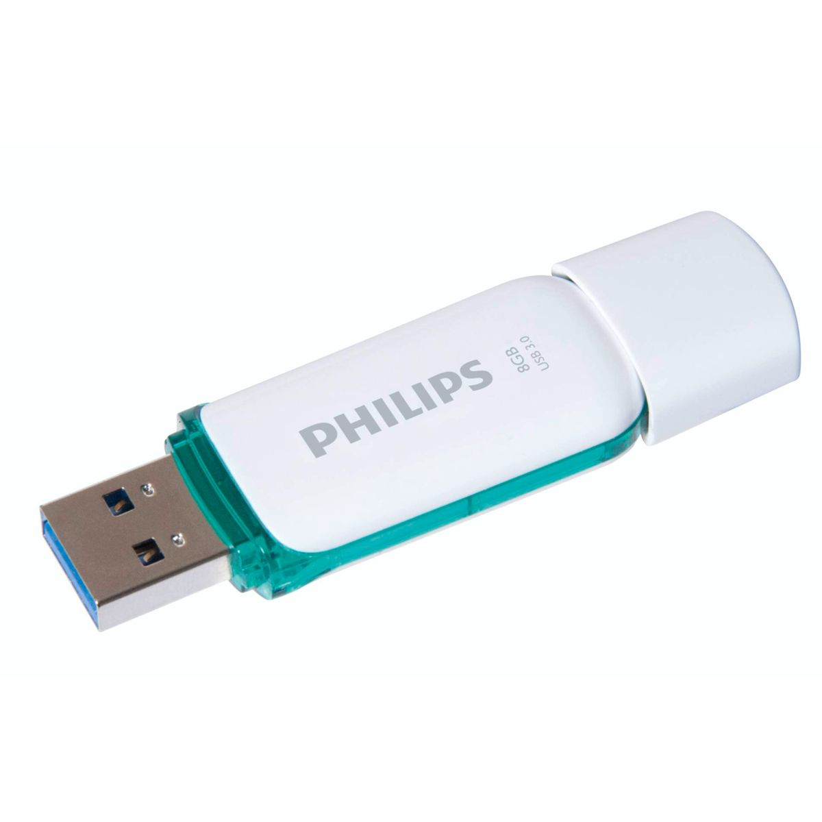 Biało-turkusowy pendrive Philips na białym tle, przechylony w prawo.