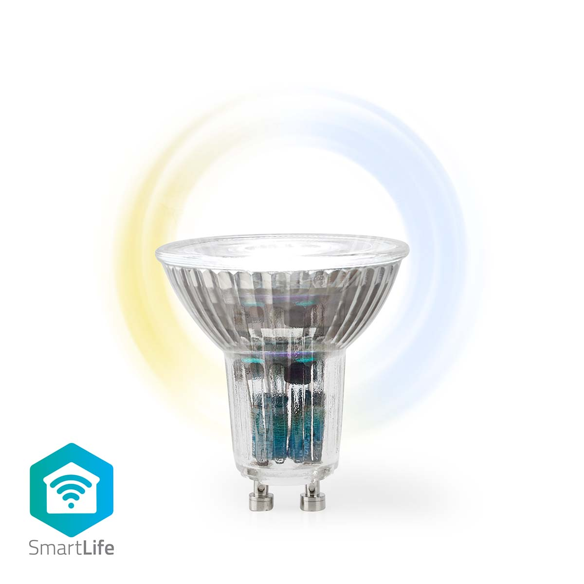 SmartLife GU10 LED-Lampe auf weißem Hintergrund mit Lichteffekt und SmartLife-Logo.