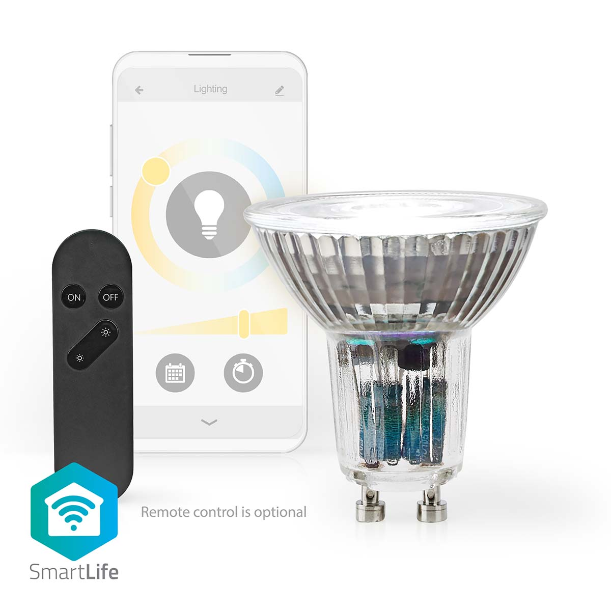 SmartLife-Glühbirne und Fernbedienung. Telefon zeigt Lichtsteuerung.