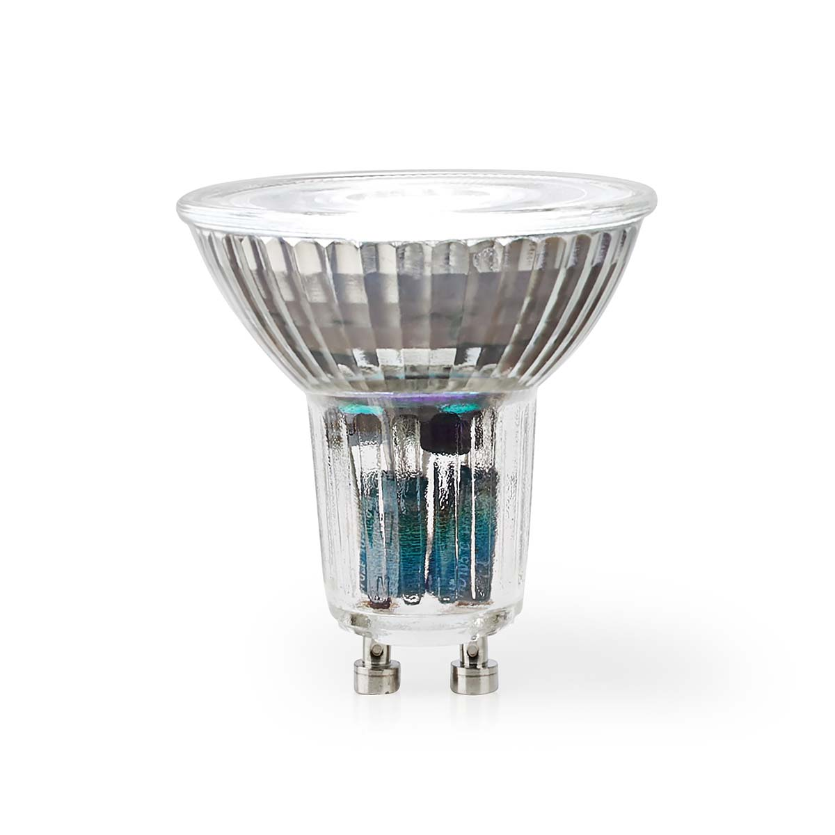 Klare Halogen-Glühbirne. Die Glühbirne hat ein reflektierendes Innenleben und zwei Stifte am Sockel.