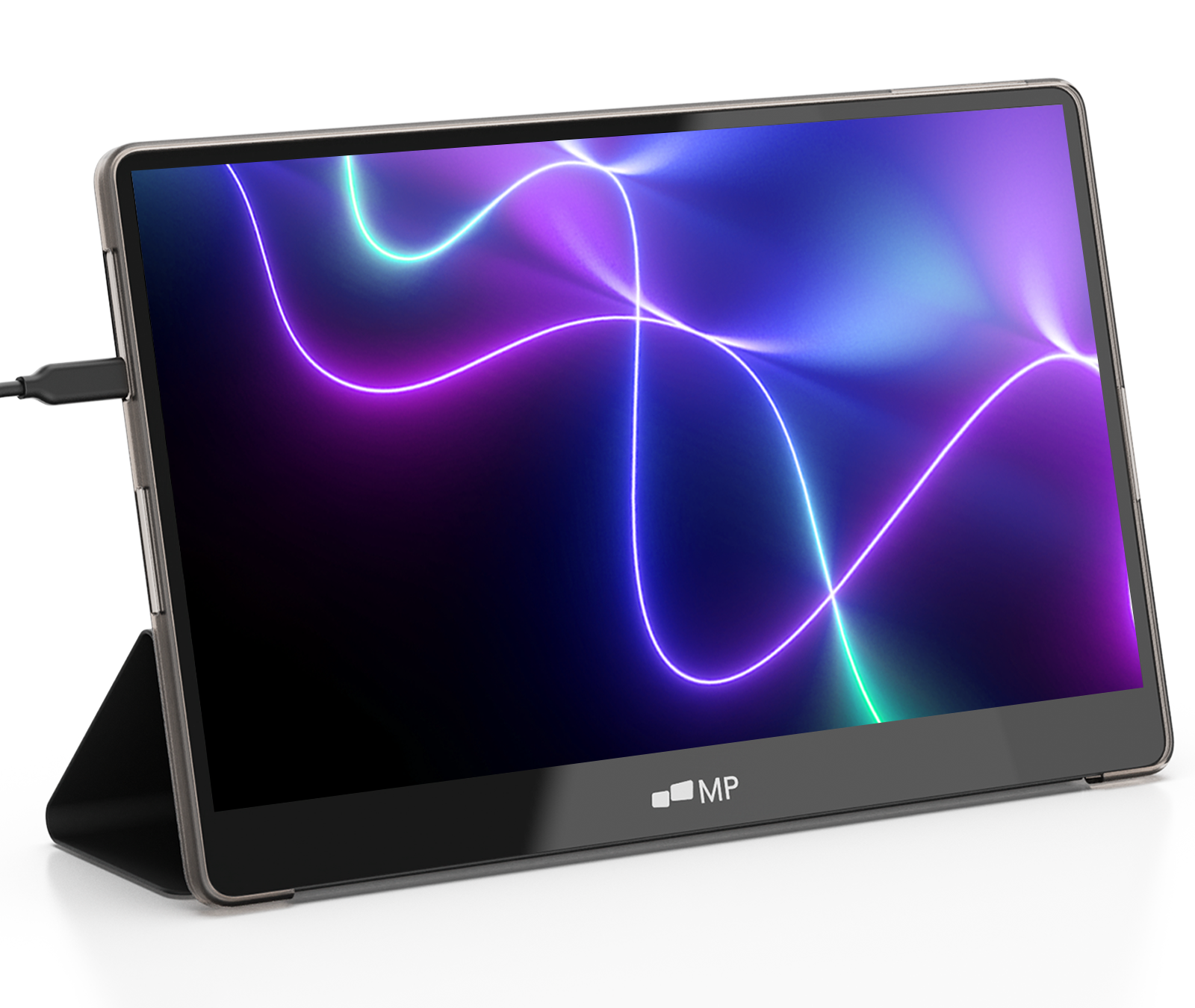 Ein Tablet mit schwarzem Rahmen und einem Bildschirm, der ein neonfarbenes lila und tealfarbenes Design anzeigt.