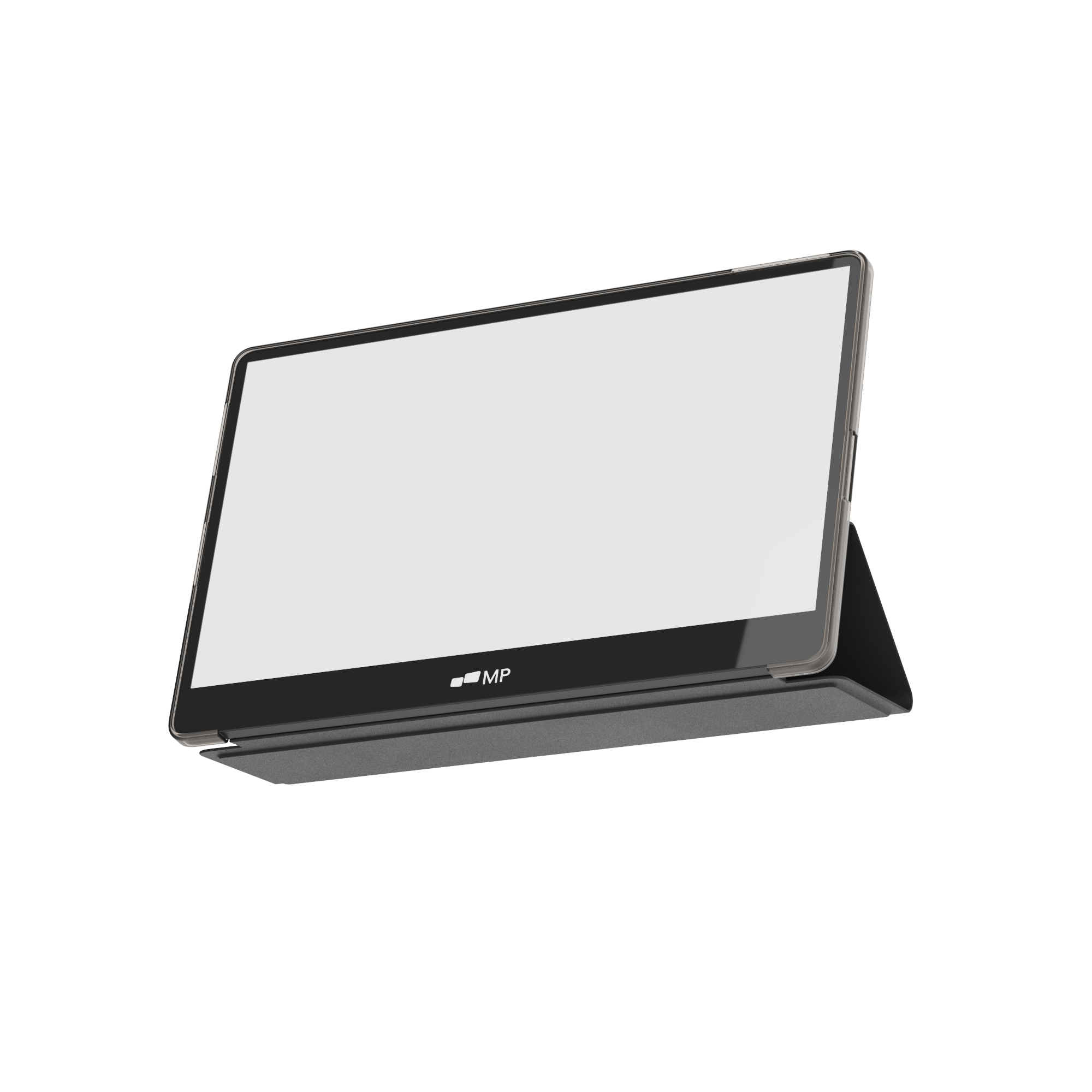 Schwarzes Tablet mit weißem Bildschirm, auf einem Ständer aufgestellt.