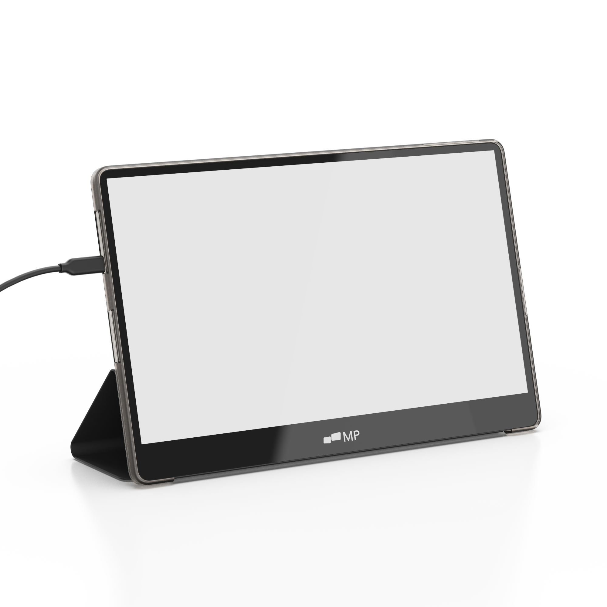 Ein schwarzes Tablet ist auf einem Ständer aufgestellt, mit leerem weißen Bildschirm.