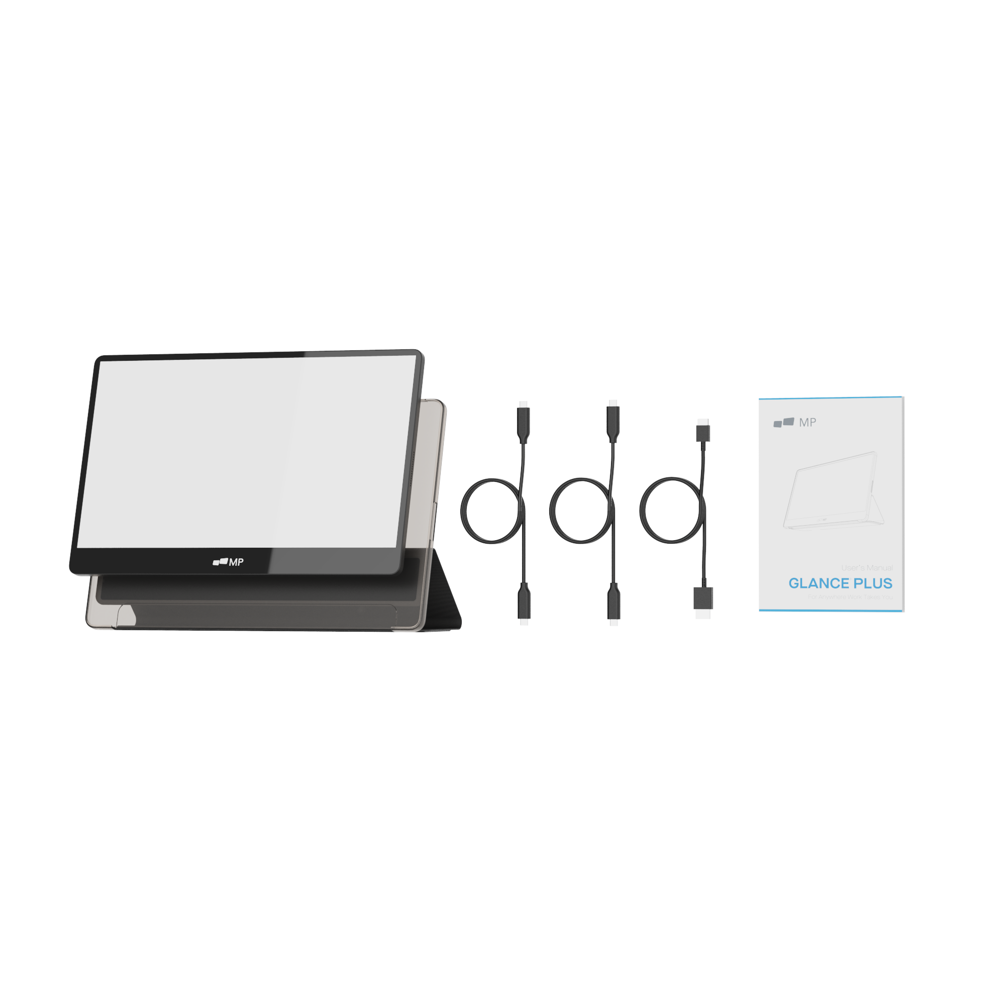 Een tablet met accessoires, inclusief kabels en een kleine brochure.