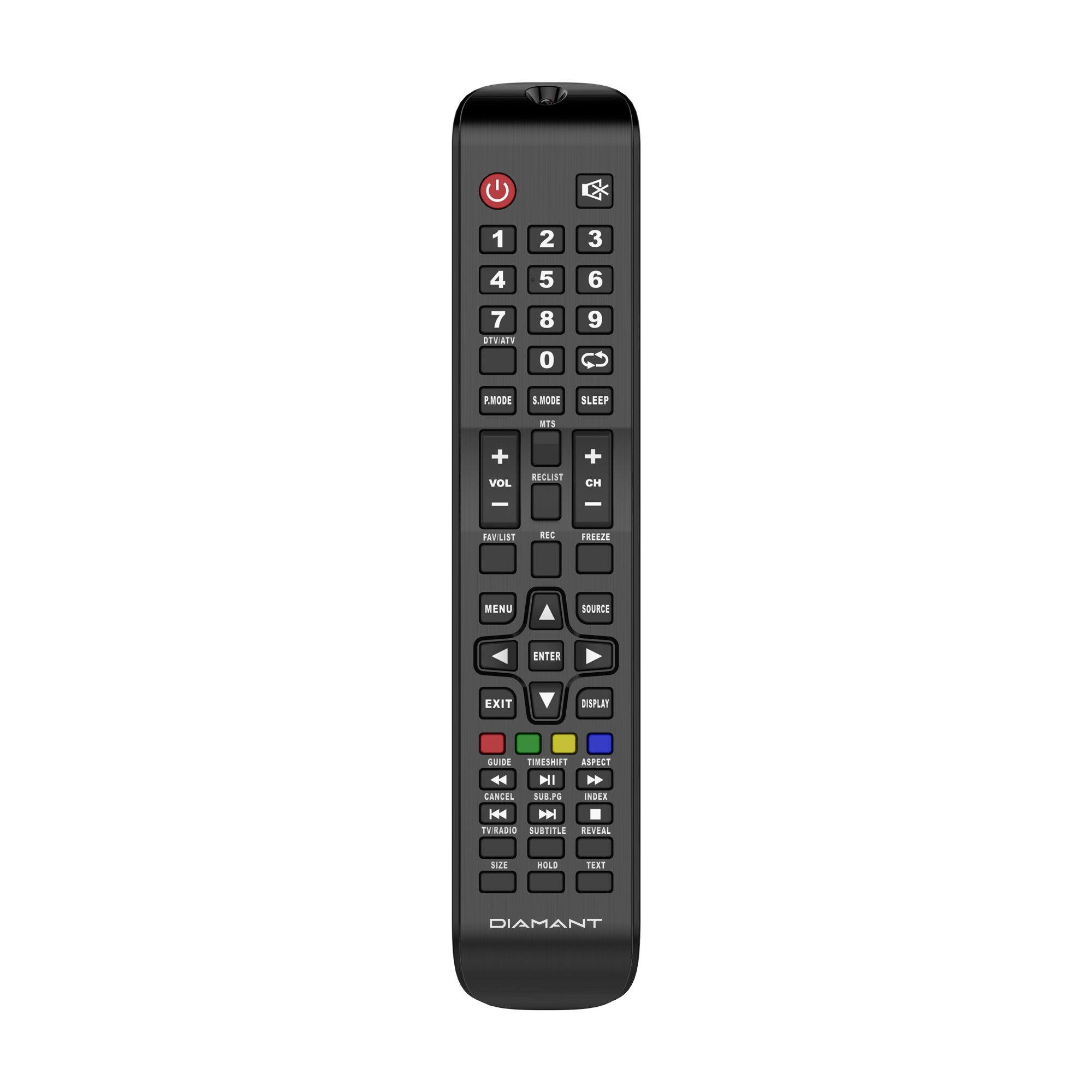 Een zwarte tv-afstandsbediening met meerdere knoppen in een raster gerangschikt, geïsoleerd op een witte achtergrond.