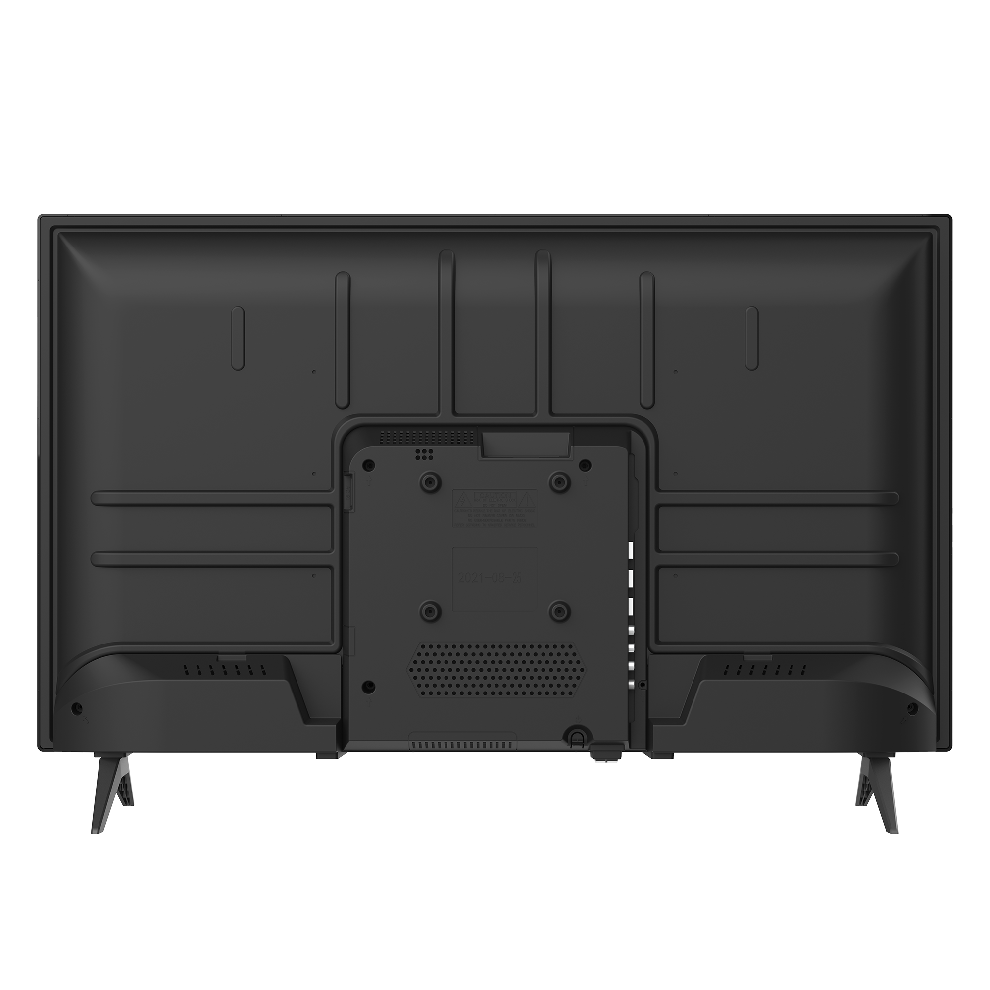 Vue arrière d'un téléviseur noir. Il a une forme rectangulaire avec ports et ventilation.