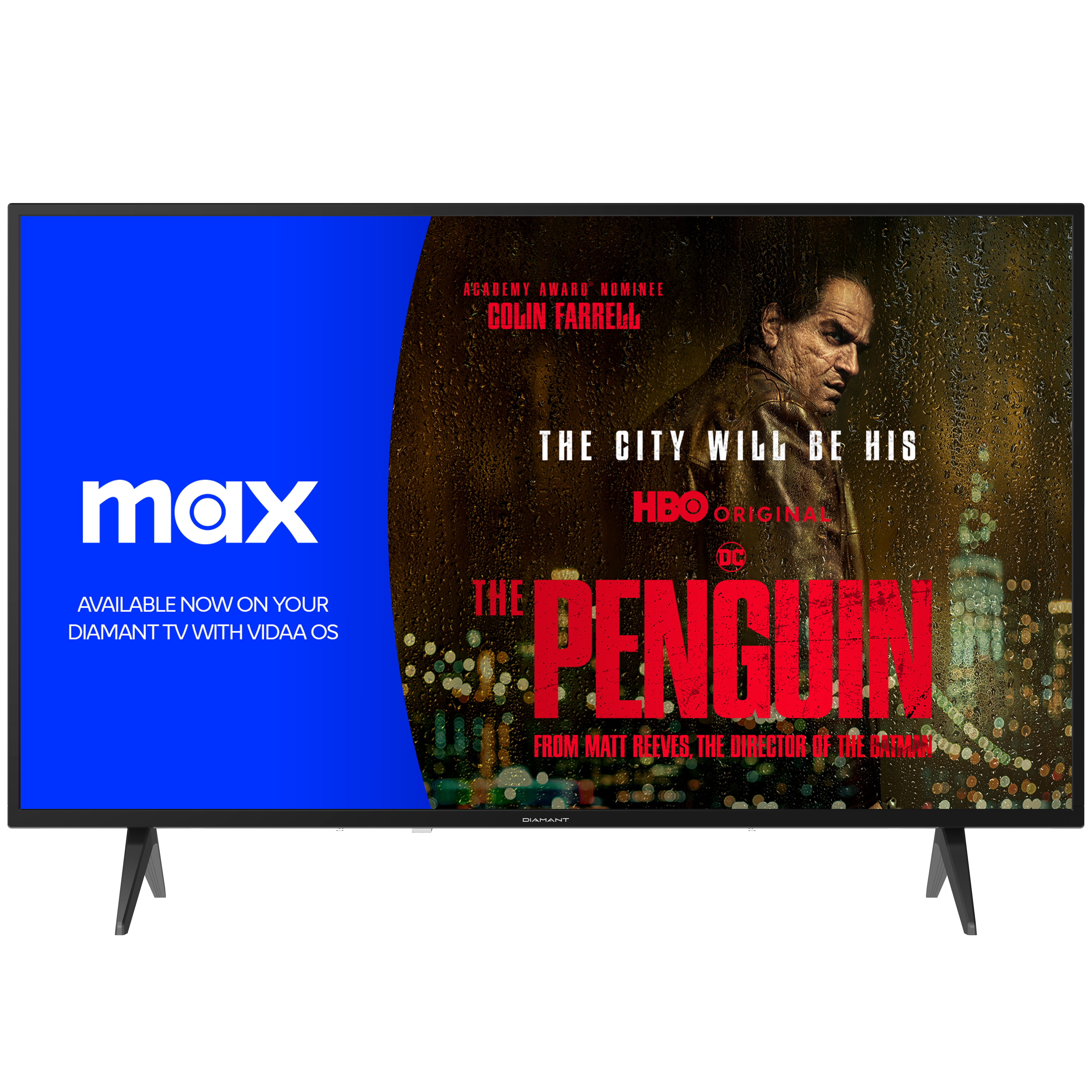 Un écran de télévision affichant l'affiche du film The Penguin avec le logo HBO Max.