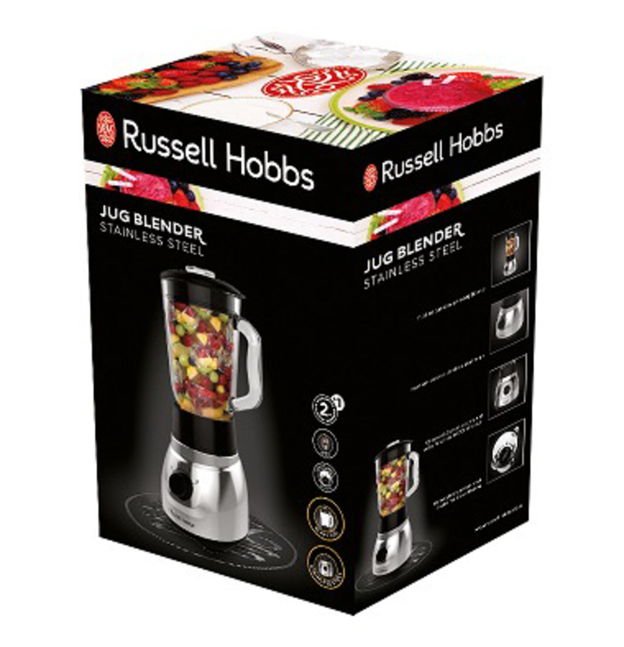 Russell Hobbs sürahi blender kutusu, blender ve meyve resimleri.