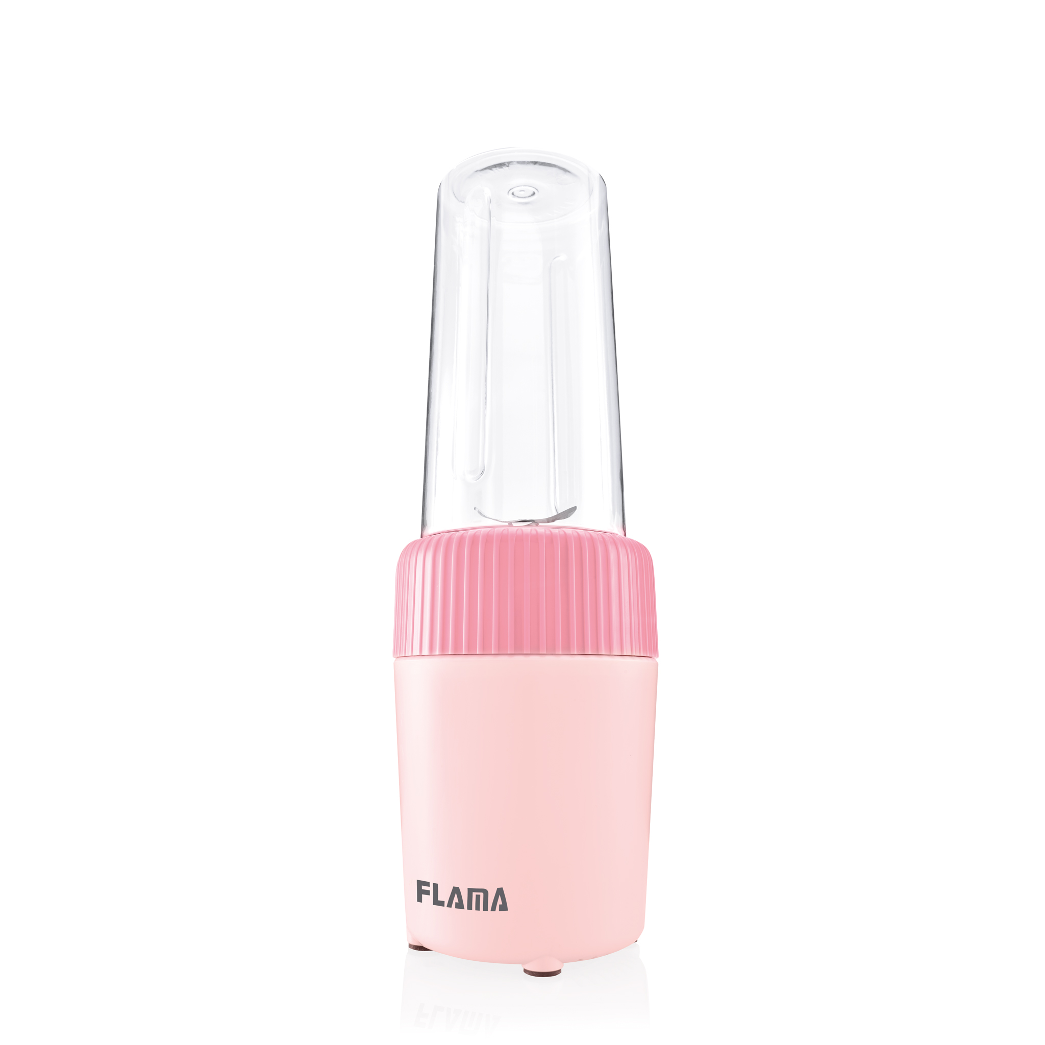 Frullatore rosa e trasparente. La base ha il marchio 'FLAMA'.