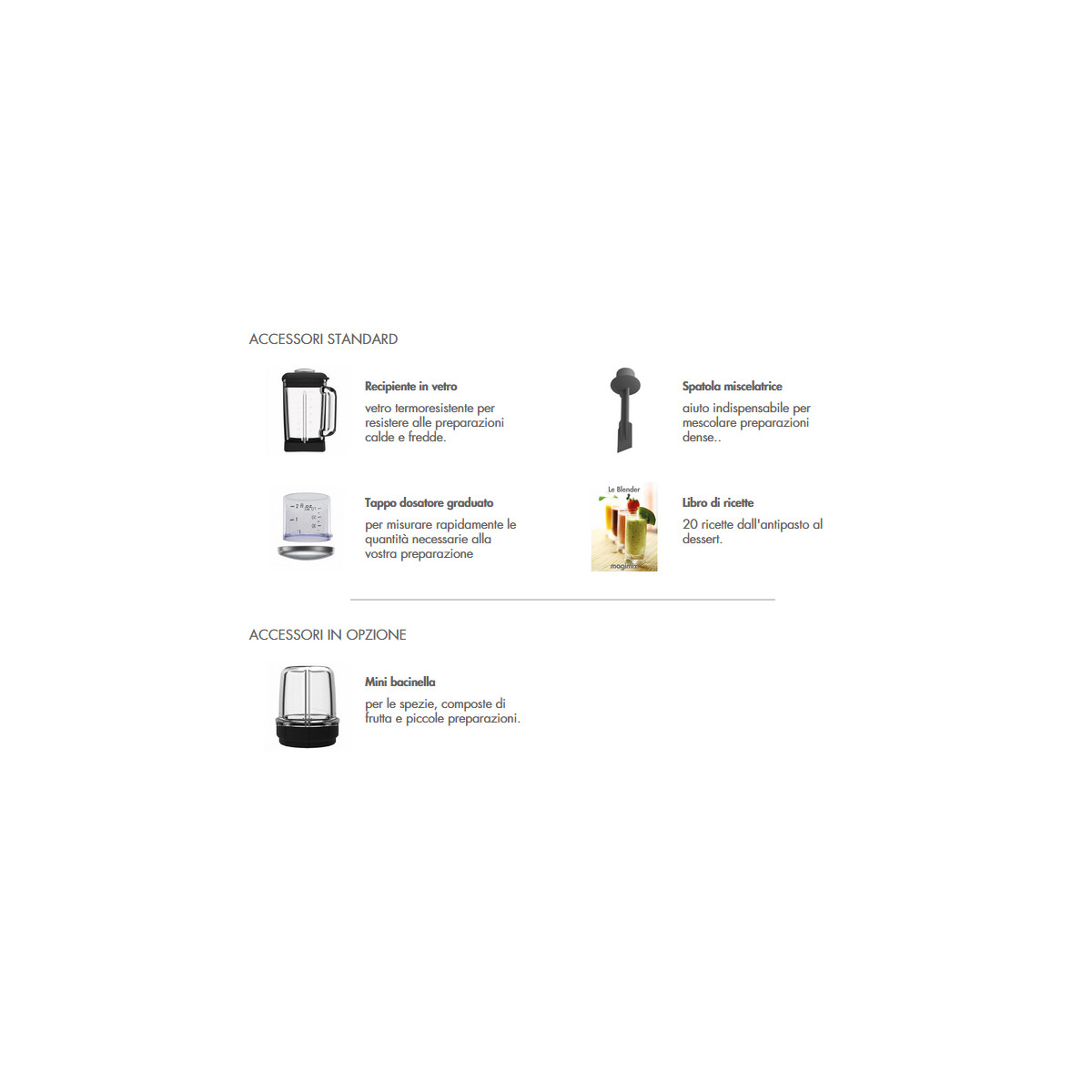 Akcesoria do blendera: słoik, szpatułka, stopniowana pokrywa i książka kucharska. Białe tło.