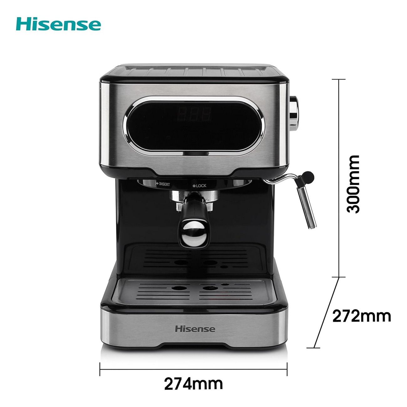 Macchina per espresso nera e argento. Ha un display digitale e una lancia a vapore.