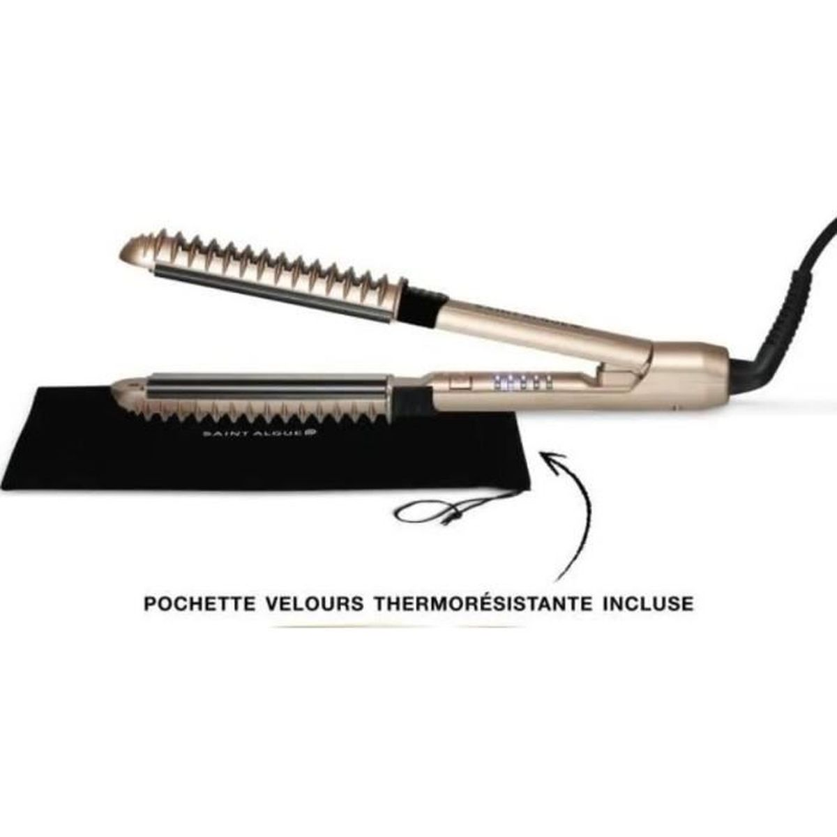 Ein Haarglätter mit schwarzem Kabel und schwarzem Beutel. Auf dem Beutel steht: 'POCHETTE VELOURS THERMORESISTANTE INCLUSE'.