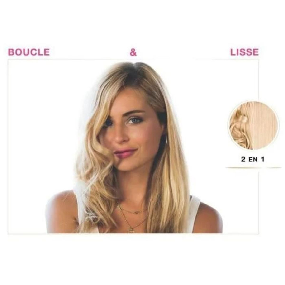 Eine Frau mit blondem, welligem Haar wird gezeigt. Das Bild zeigt Optionen für lockiges und glattes Haar mit Text und einer Haarprobe.