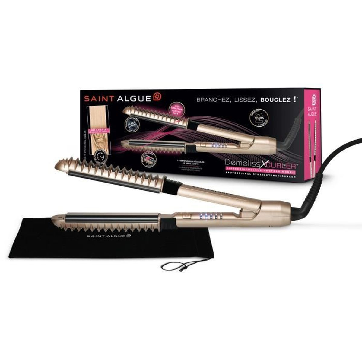 Ein Glätteisen- und Lockenstab-Set mit einer Box und einem schwarzen Beutel. Das Glätteisen ist goldfarben, die Box schwarz und rosa.