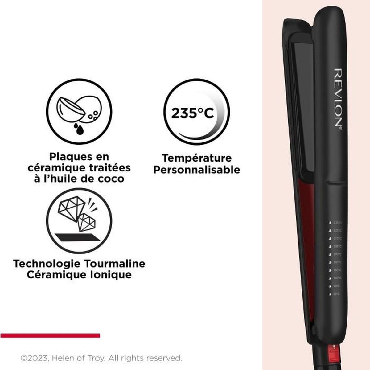 Ein Revlon-Haarglätter mit Keramikplatten mit Kokosöl, Turmalin-Technologie und einstellbarer Temperatur bis zu 235°C.