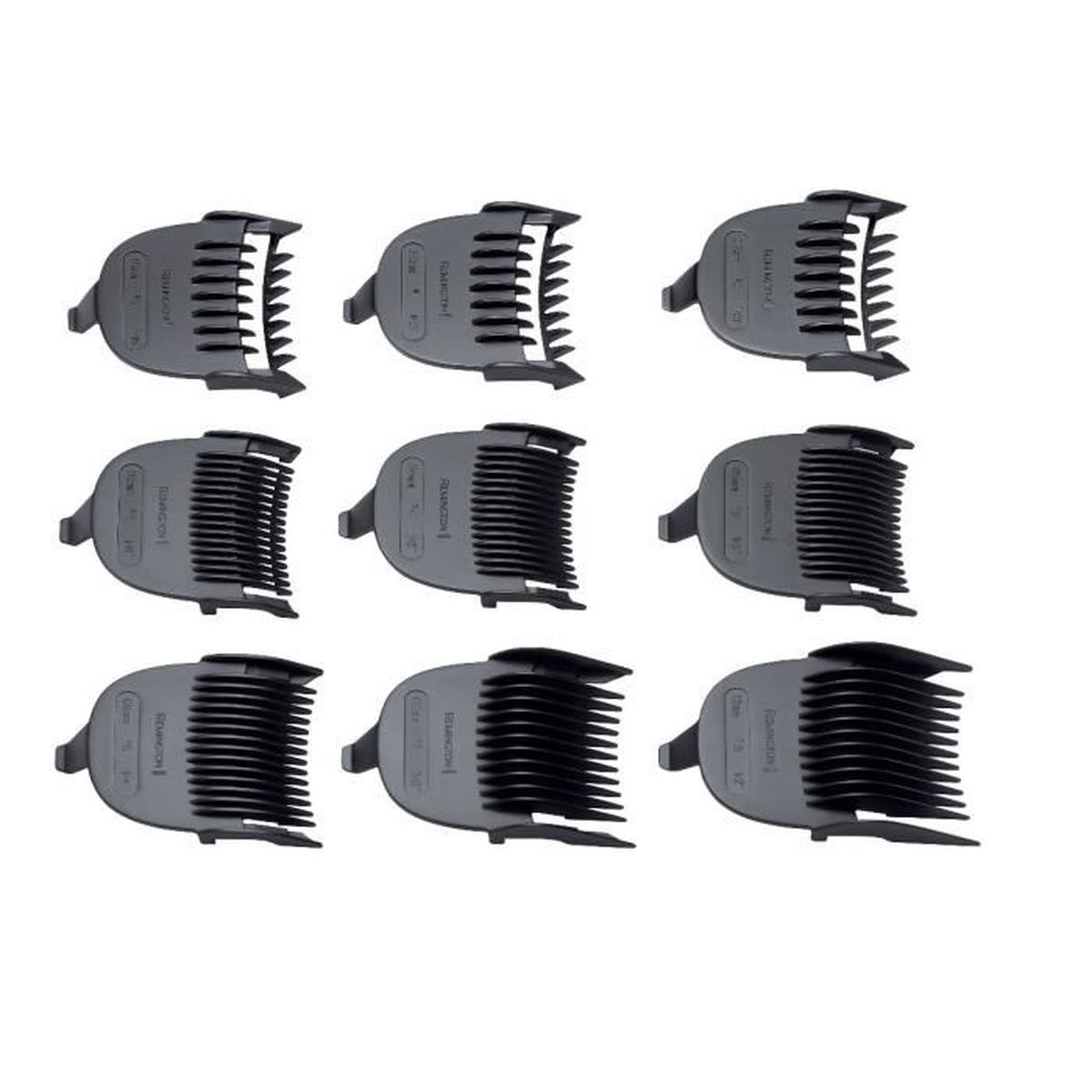 Dziewięć szarych nasadek do maszynki Remington, różne rozmiary, ułożone w siatkę.